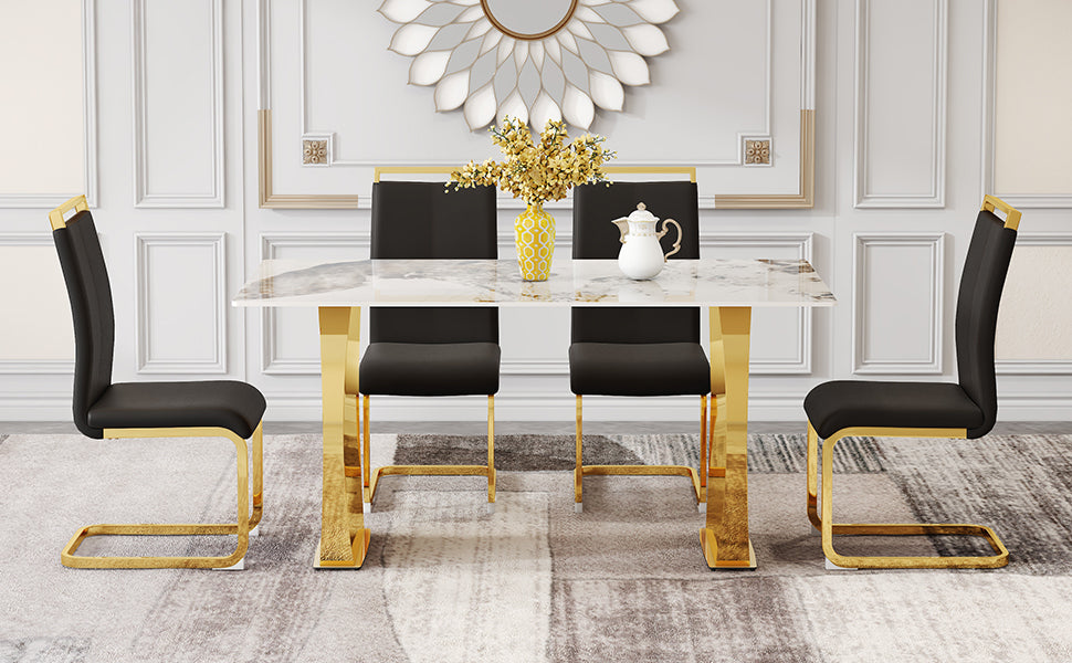 Table And Chair Set, Rock Plate Table Top, Gold Metal Table Legs, Stable And Beautiful, Suitable For Most Home Styles. Modern Simple Dining Table, Comfortable Seating. Gold Black Seats 4 Sintered Stone
