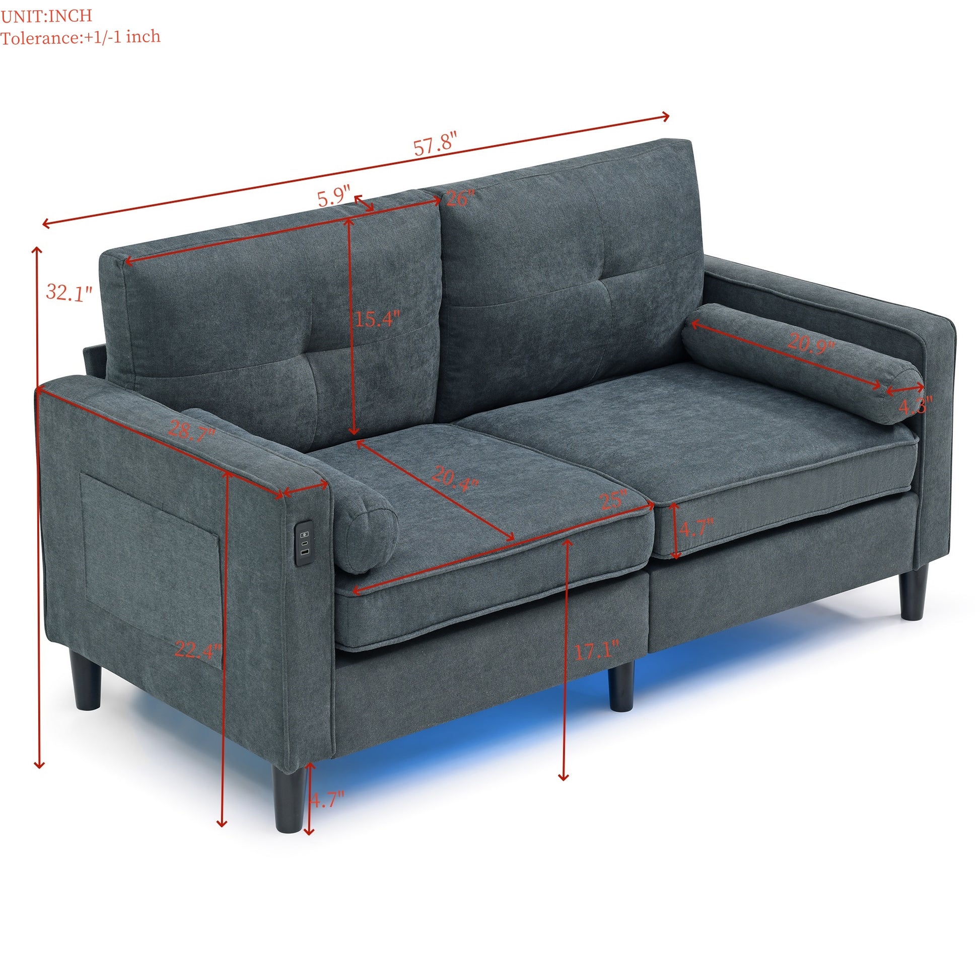 Loveseat Couch With 2 Side Pockets, Modern Sofa With 2Usb Ports On The Armrest, Power Sofa And Loveseat Set With Led Lights, Linen Fabric 2 Seat For Living Room, Apartment,Office, Grey, 3Colors Grey Linen Wood Primary Living Space Modern Foam Linen