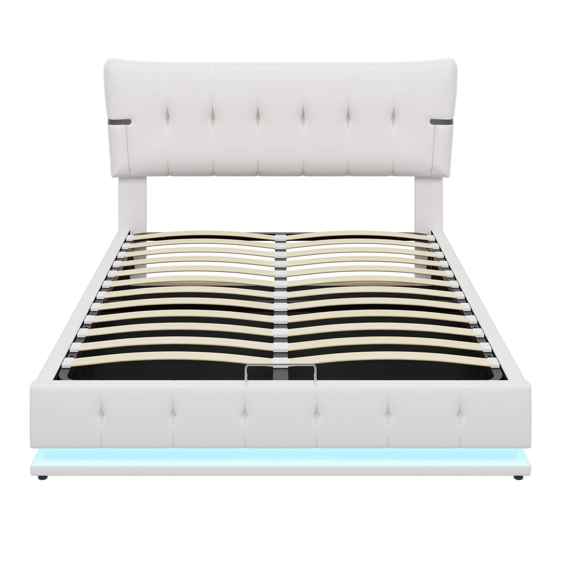 Upholstered Platform Queen Size Hydraulic Storage Bed, Lift Up Storage Bed With Rgb Led Light, Pu Leather Headboard And Footboard, No Box Spring Needed, White Queen White Wood Metal