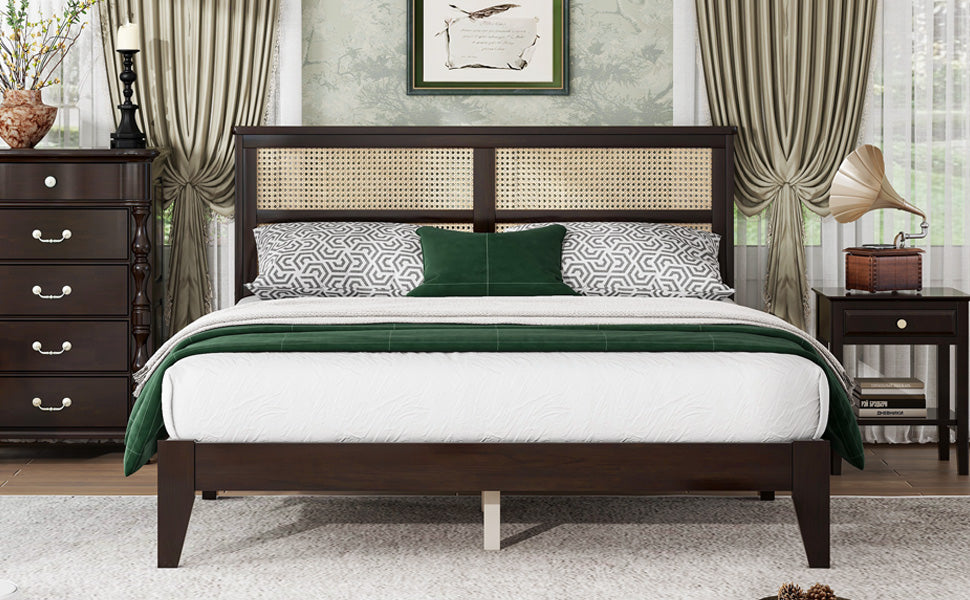 Queen Size Rubber Wooden, Solid Wooden Bed With Rattan Headboard, Enhanced By Support Feet,Espresso Queen Espresso Rubber Wood