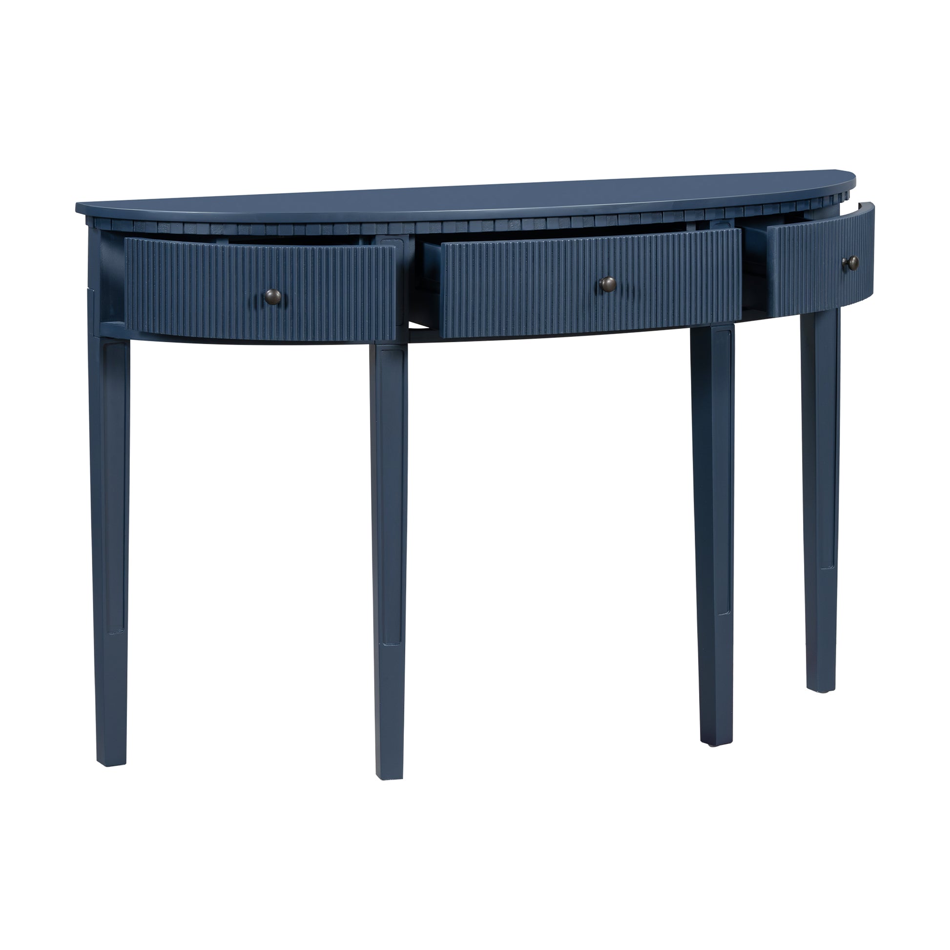 Distinctive Features Of Pine Veneer Console Table With Vertical Stripe Drawer Fronts And Four Legs Navy Blue Primary Living Space Minimalist Mdf