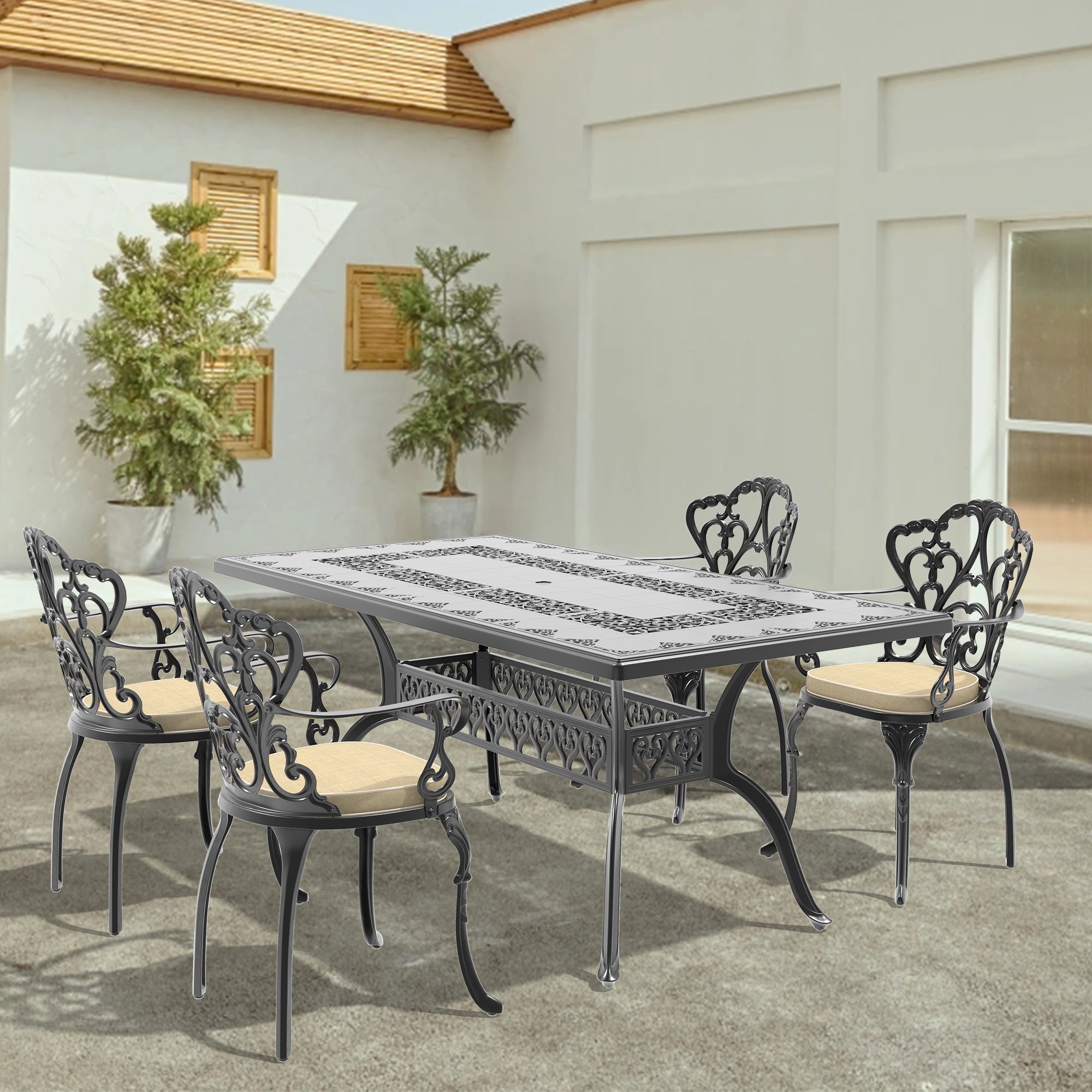 Cushions In Random Colors 5 Piece Set Of Cast Aluminum Patio Furniture With Cushions Yes Dining Set Black Seats 4 Rust Resistant Frame Water Resistant Cushion Garden & Outdoor Complete Patio Sets Aluminium