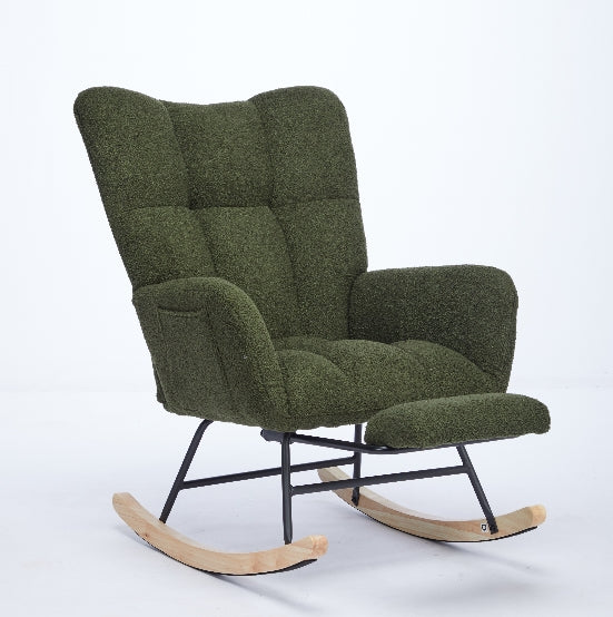 Modern Nursery Rocking Chair, Upholstered Glider Chair With High Backrest, Rocker Accent Armchair With Solid Wood Legs For Nursery Bedroom Living Room Drak Green Dark Green Teddy