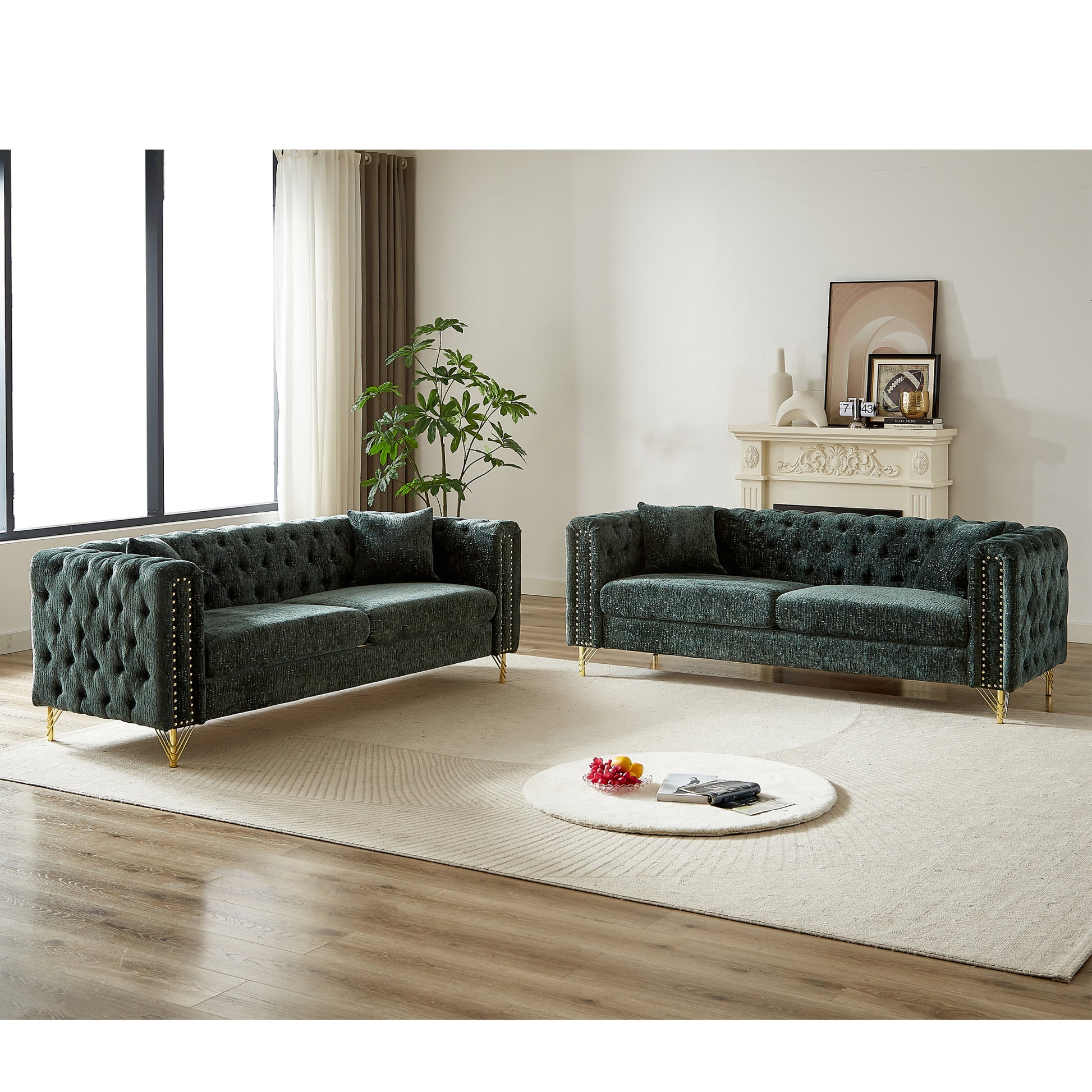 Chenille Pull Buckle Design Sofa For Living Room,Buttons Tufted With Copper Nail Decoration Armrest, Modern Couch Upholstered Button And Metal Legs Green Foam Chenille 6 Seat