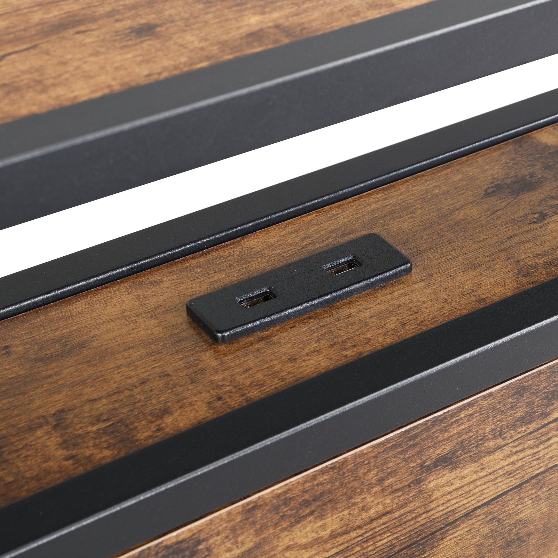 Industrial King Bed Frame With Led Lights And 2 Usb Ports, Bed Frame King Size With Storage, Noise Free, No Box Spring Needed, Rustic Brown Box Spring Not Required King Antique Brown Metal Brown Bedroom Industrial Metal & Wood