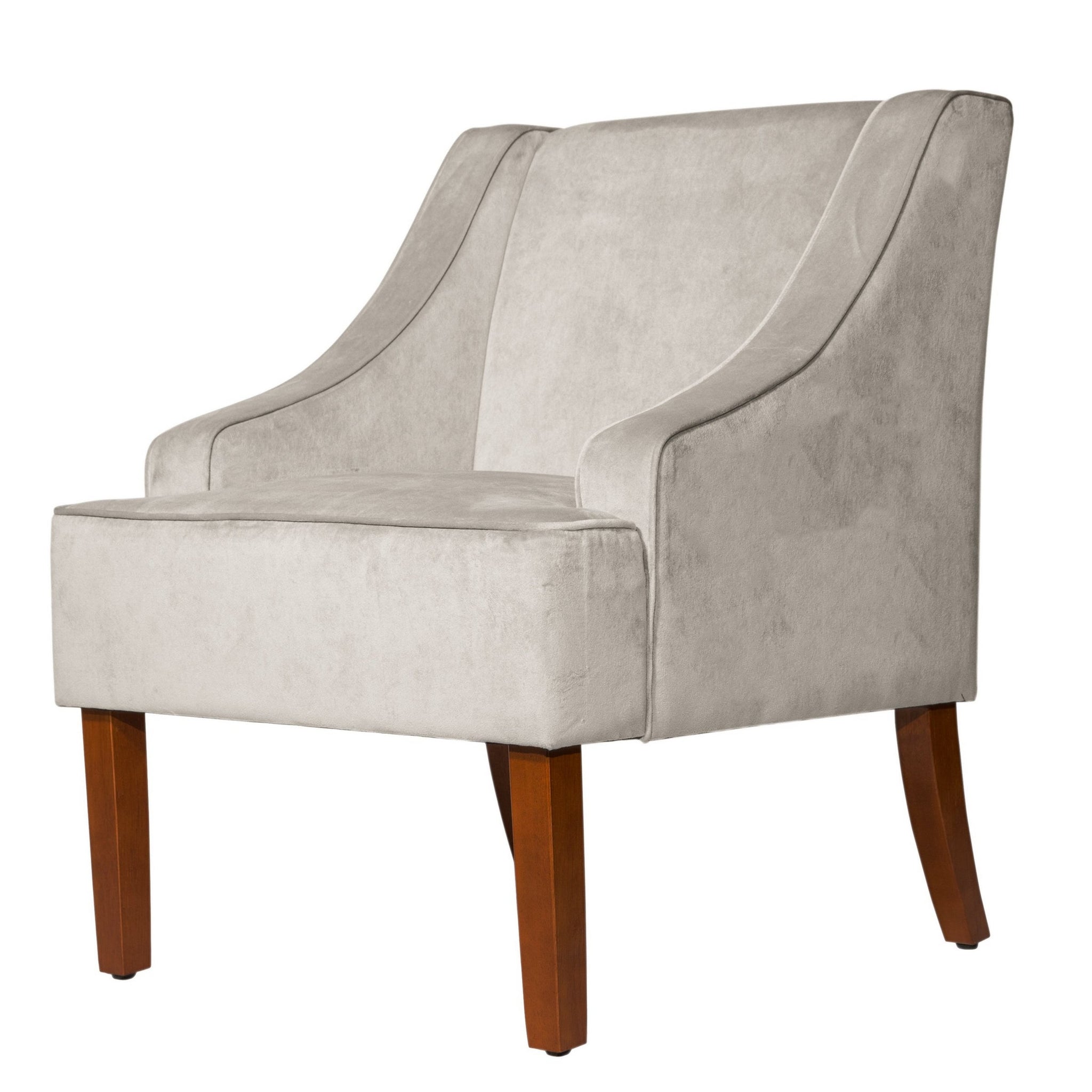 Velvet Fabric Upholstered Wooden Accent Chair With Swooping Armrests, Gray And Brown Light Gray Wood Fabric