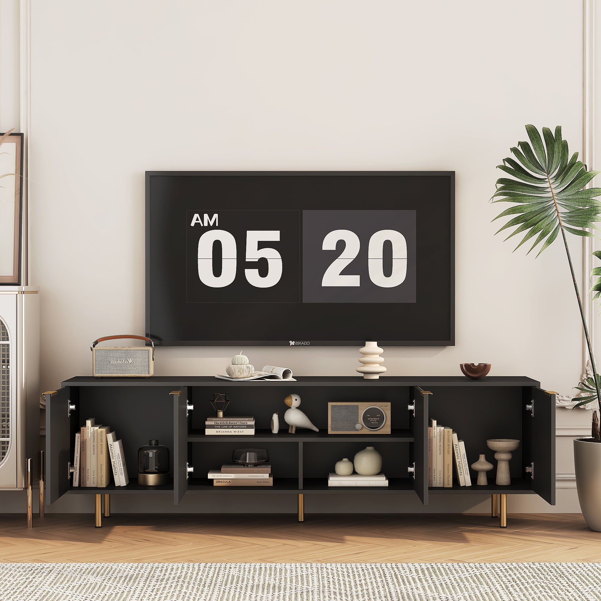 Black Modern Tv Stand Fluted 68"Entertainment Center With Storage Doors, Tv Console Media Cabinet, For 55 Inch Tv, Living Room Black 60 69 Inches Mdf