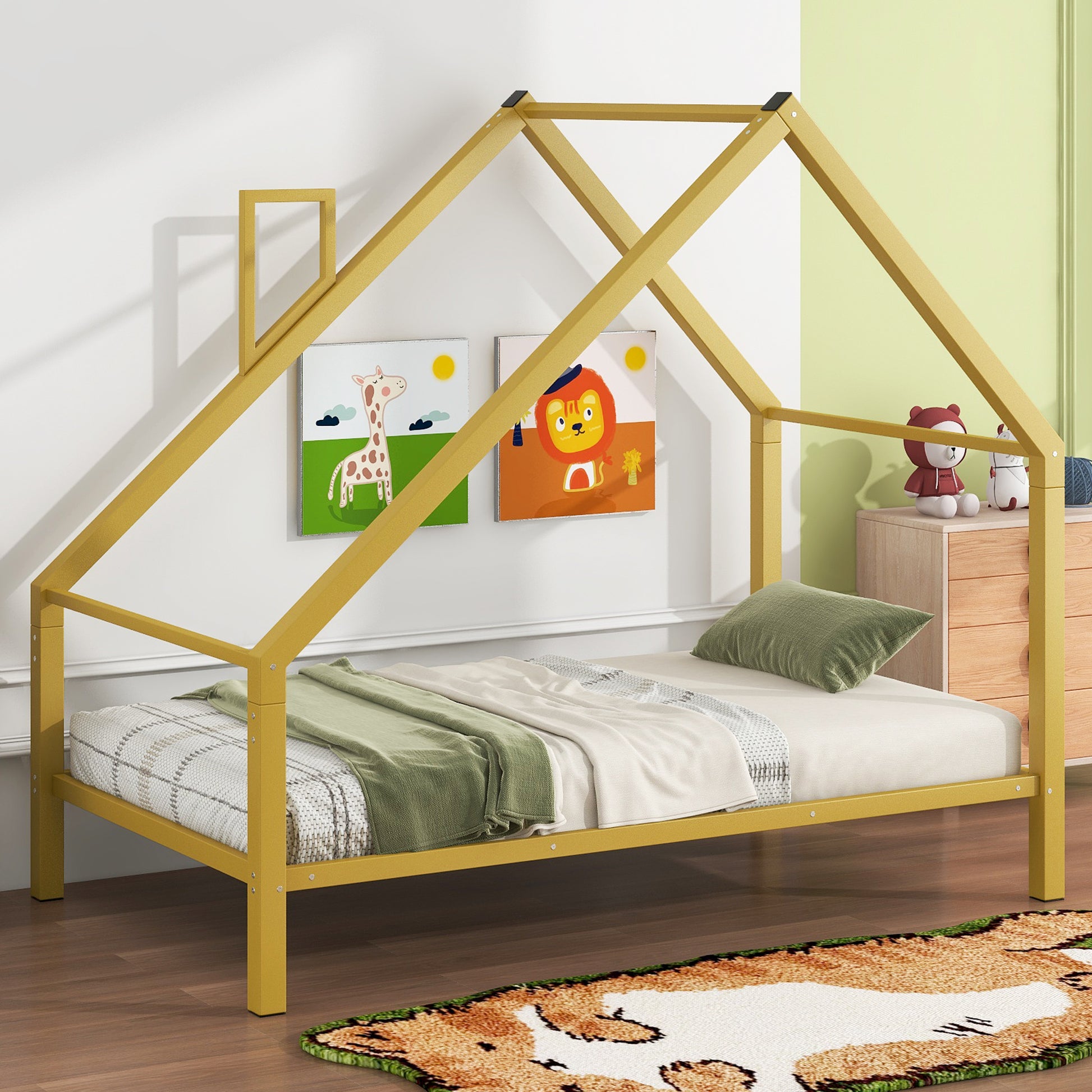Twin Size Metal House Platform Bed With Roof And Chimney, Gold Box Spring Not Required Twin Gold Metal Bedroom Bed Frame Metal
