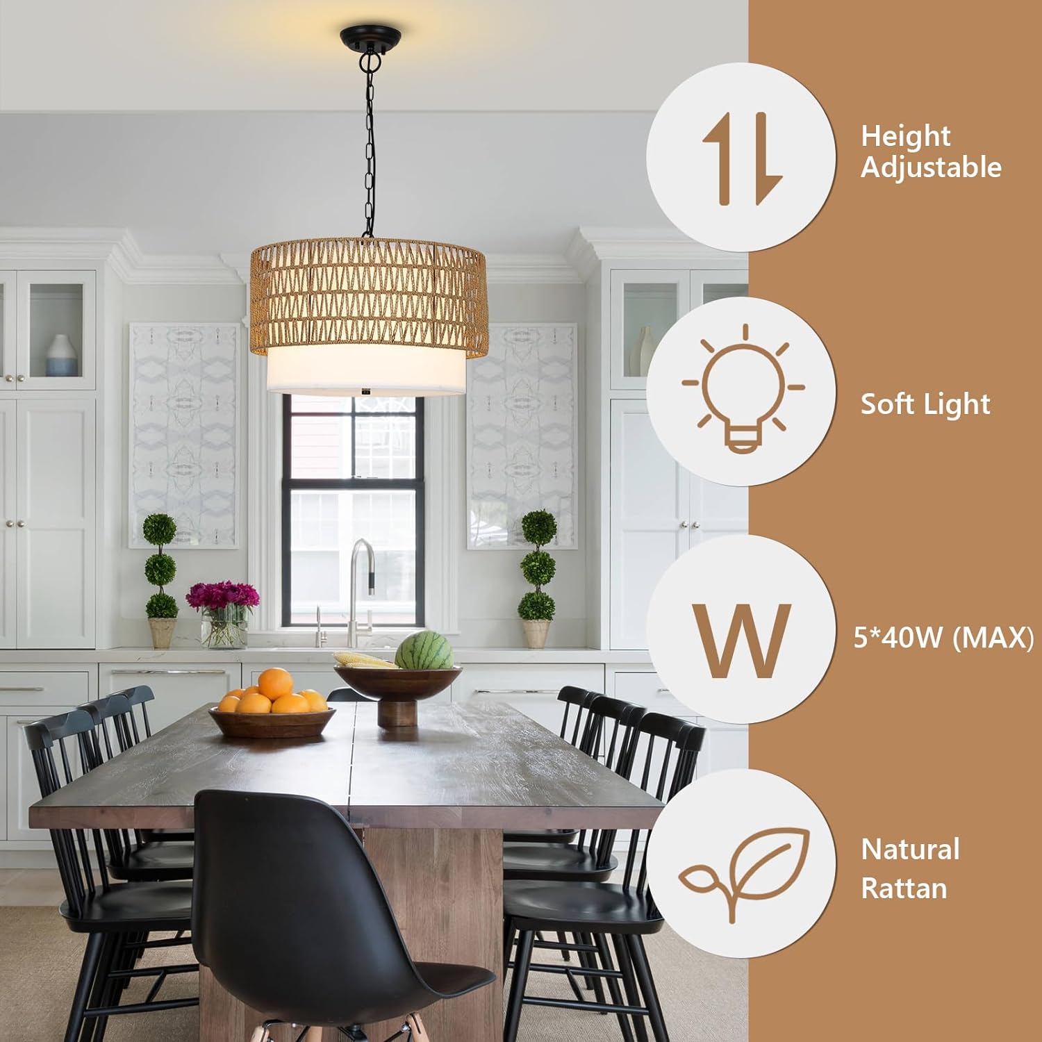 Farmhouse Chandeliers For Dining Room,5 Light Rattan Boho Chandelier Light Fixture With Fabric Shade,Hand Woven Large Rattan Dining Room Light Fixture For Kitchen Bedroom Island Hallway Brown Rattan Metal