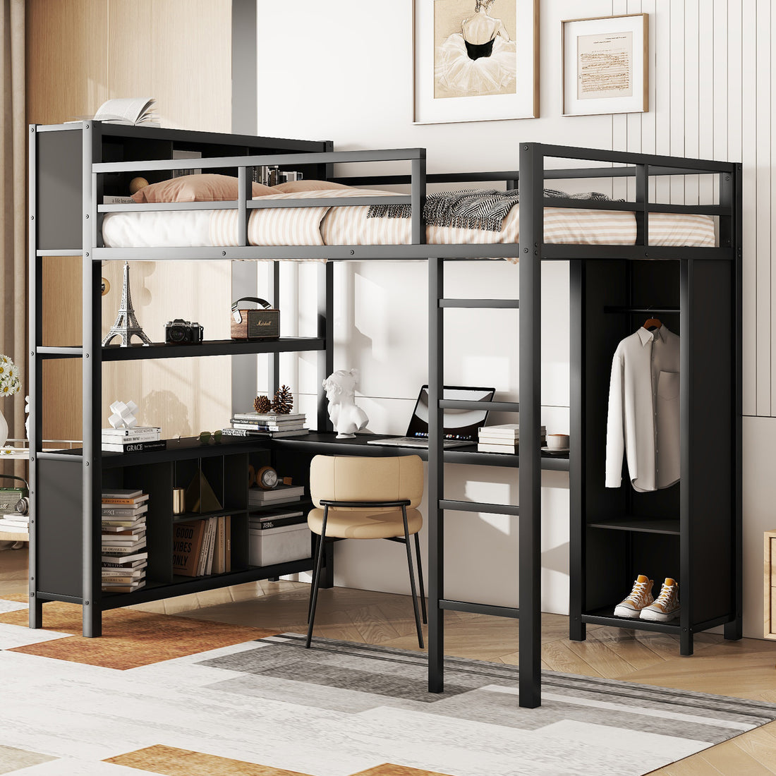 Metal Loft Bed With Wardrobe And L Shaped Desk, Full Size Loft Bed With Storage Cubes And Shelves, Heavy Duty Loft Bed For Kids Teens Adults, Black Pre Sale Date: August 10Th Full Black Metal