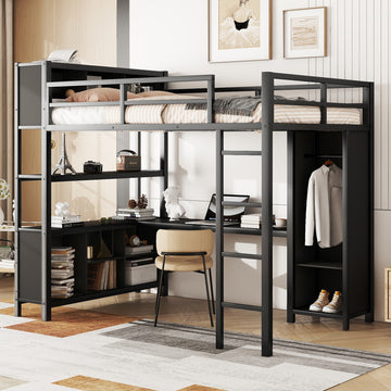 Metal Loft Bed With Wardrobe And L Shaped Desk, Full Size Loft Bed With Storage Cubes And Shelves, Heavy Duty Loft Bed For Kids Teens Adults, Black Pre Sale Date: August 10Th Full Black Metal