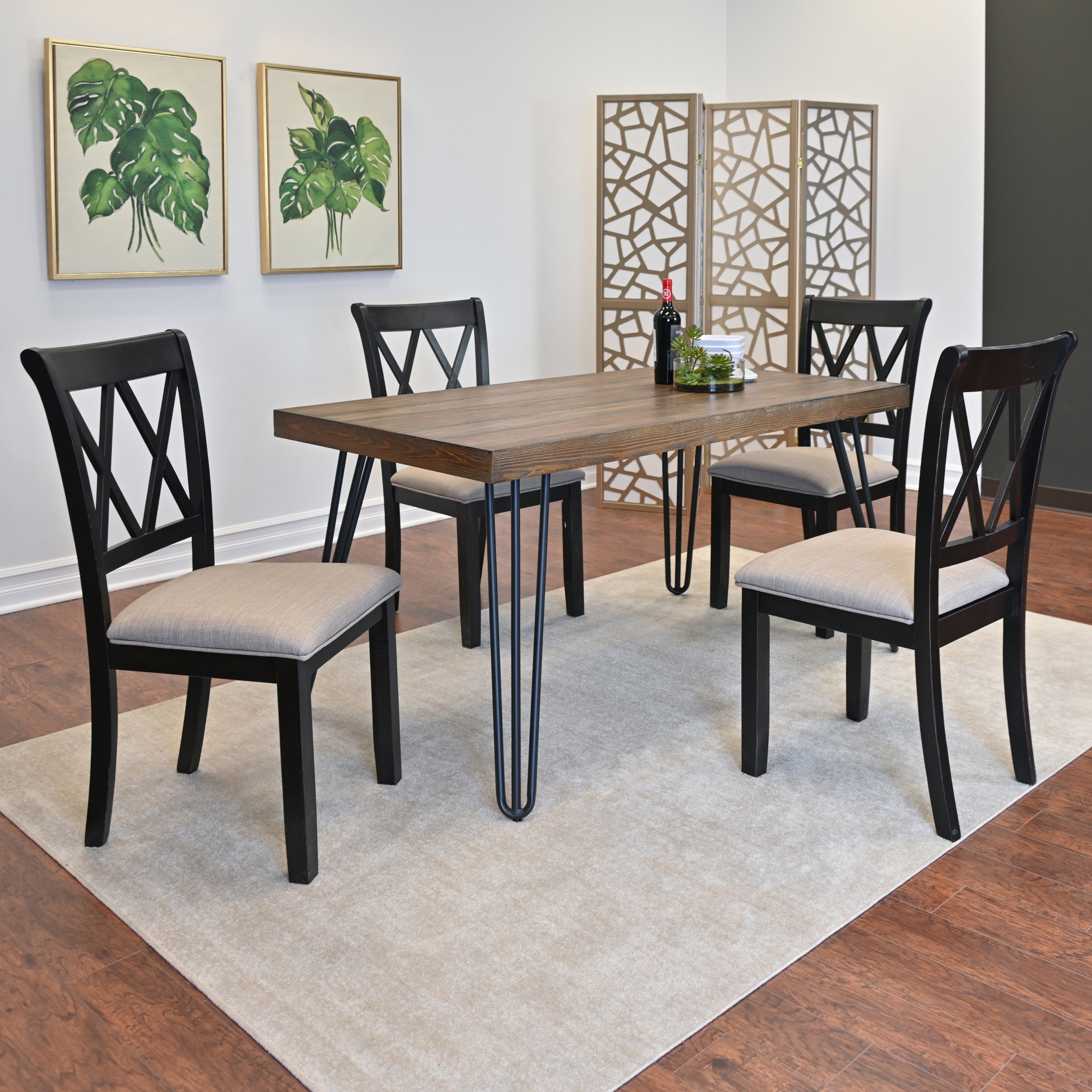 Arroyo 5 Piece Dining Set, Hairpin Dining Table With 4 Cross Back Chairs, Rich Black Brown Metal Dining Room Fixed Table Rubberwood Rectangular Dining Table With Chair Wood Wood Brown Seats 4 Rectangular 4 Leg Mdf