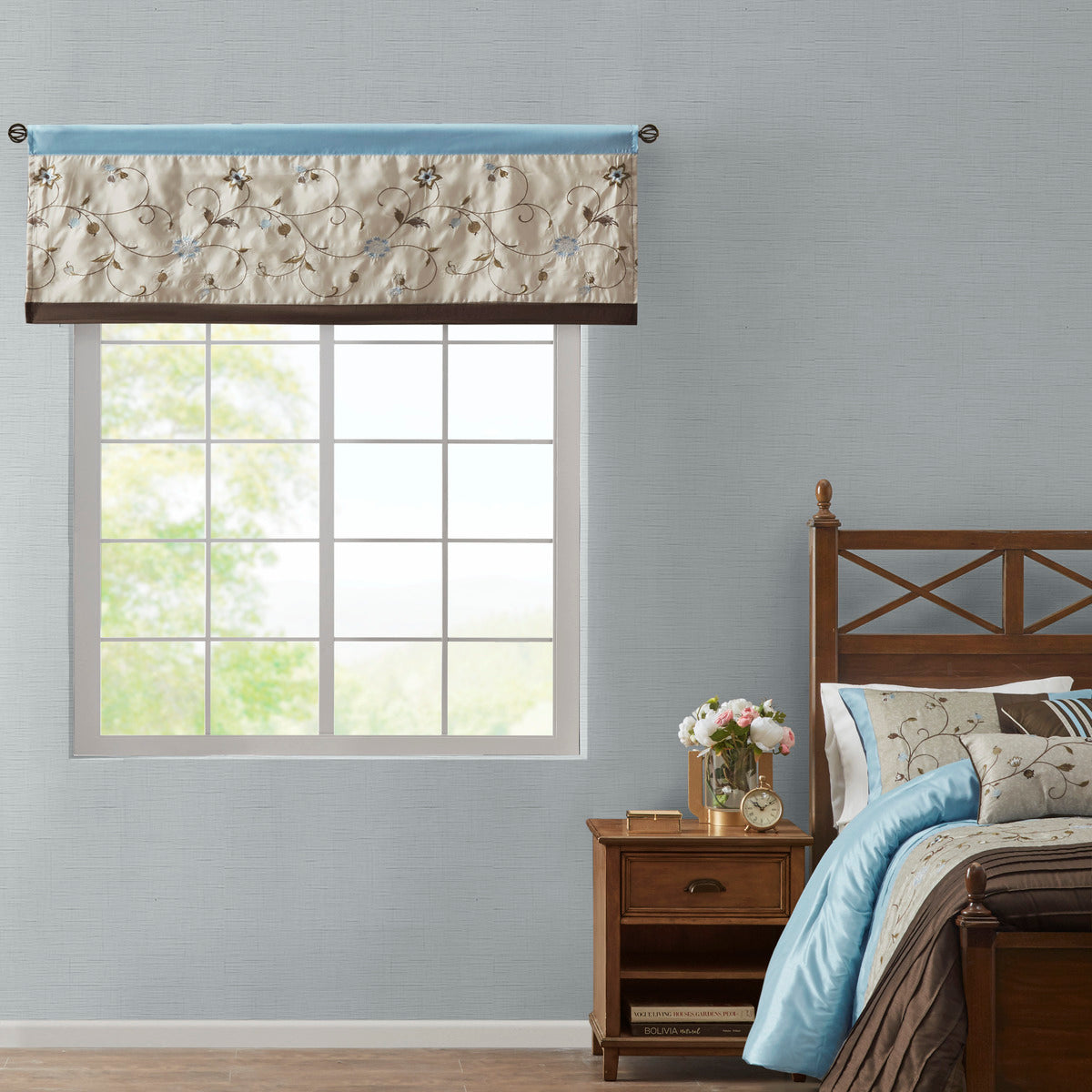 Embroidered Window Valance Blue 50X18" Blue Polyester