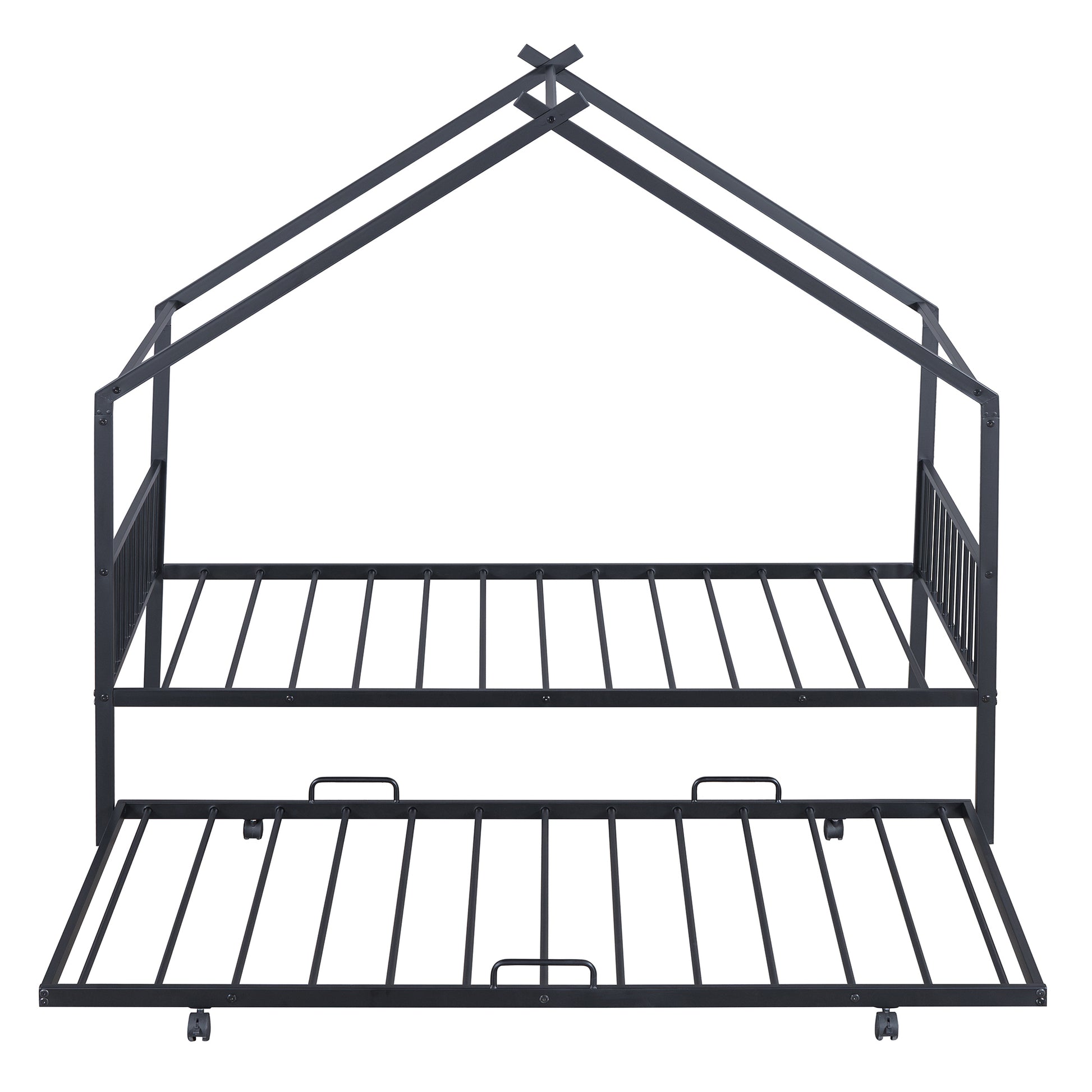 Twin Size Metal House Bed With Twin Size Trundle, Black Twin Black Metal