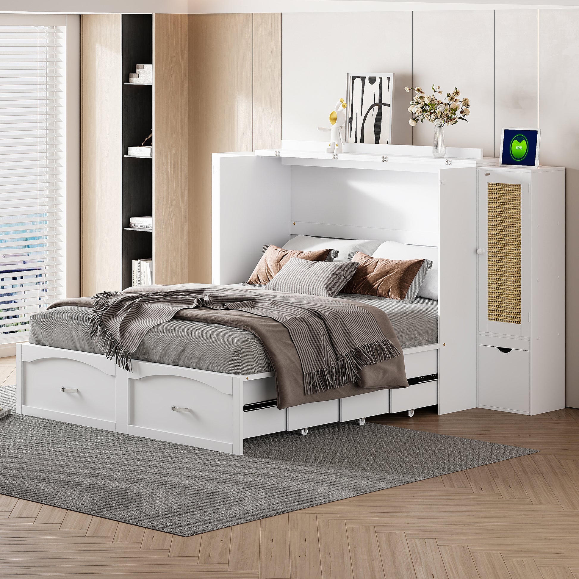 Queen Size Murphy Bed Wall Bed With Drawer And Rattan Decoration With 2 Storage Cabinets, One Set Of Sockets & Usb Ports, Pulley Structure Design, White Queen White Plywood