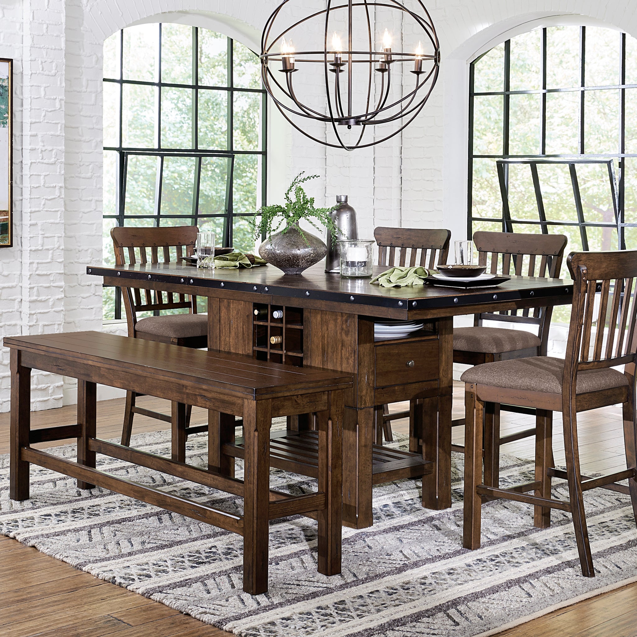 Dark Brown Finish 6Pc Dining Set Storage Base Counter Height Table Bench 4 Counter Height Chairs Set Extension Leaf Drawers Wine Rack Table Base Wooden Furniture Wood Wood Dark Brown Seats 4 Wood Dining Room Extendable Transitional Rectangular Dining
