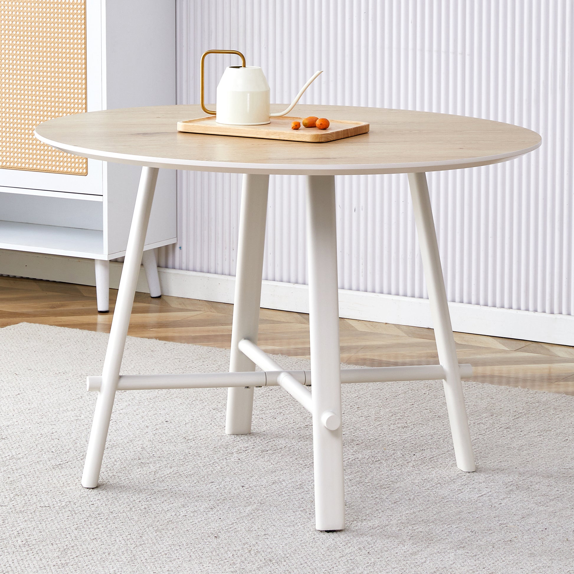 A Modern And Minimalist Circular Dining Table With A 42 Inch Diameter Wood Colorer Patterned Tabletop And White Metal Legs. Suitable For Restaurants, Living Rooms, And Conference Rooms. Brown White Mdf Metal