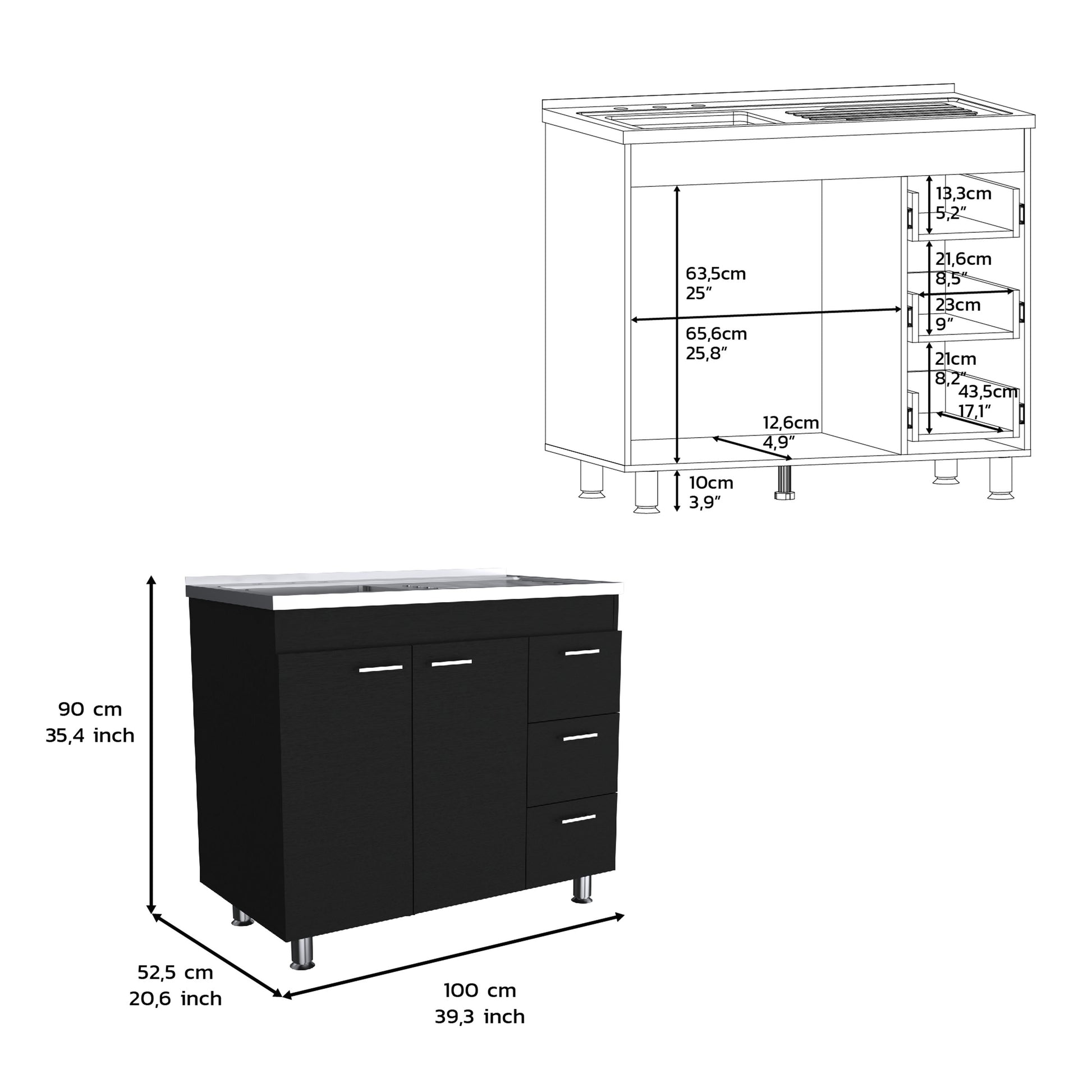 Base Double Door Cabinet, Three Drawers, Black Black Solid Wood Mdf Engineered Wood