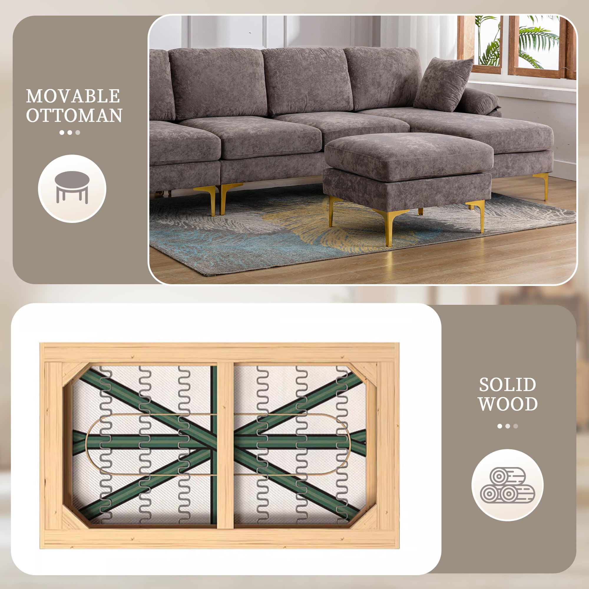 Coolmore U Shape Sectional Sofa With Ottomanreversible Sofa Couch For Living Room,Spacious Furniture,Durable Couch Removable And Machine Washable Cover Grey Velvet Grey Primary Living Space Foam Velvet 4 Seat