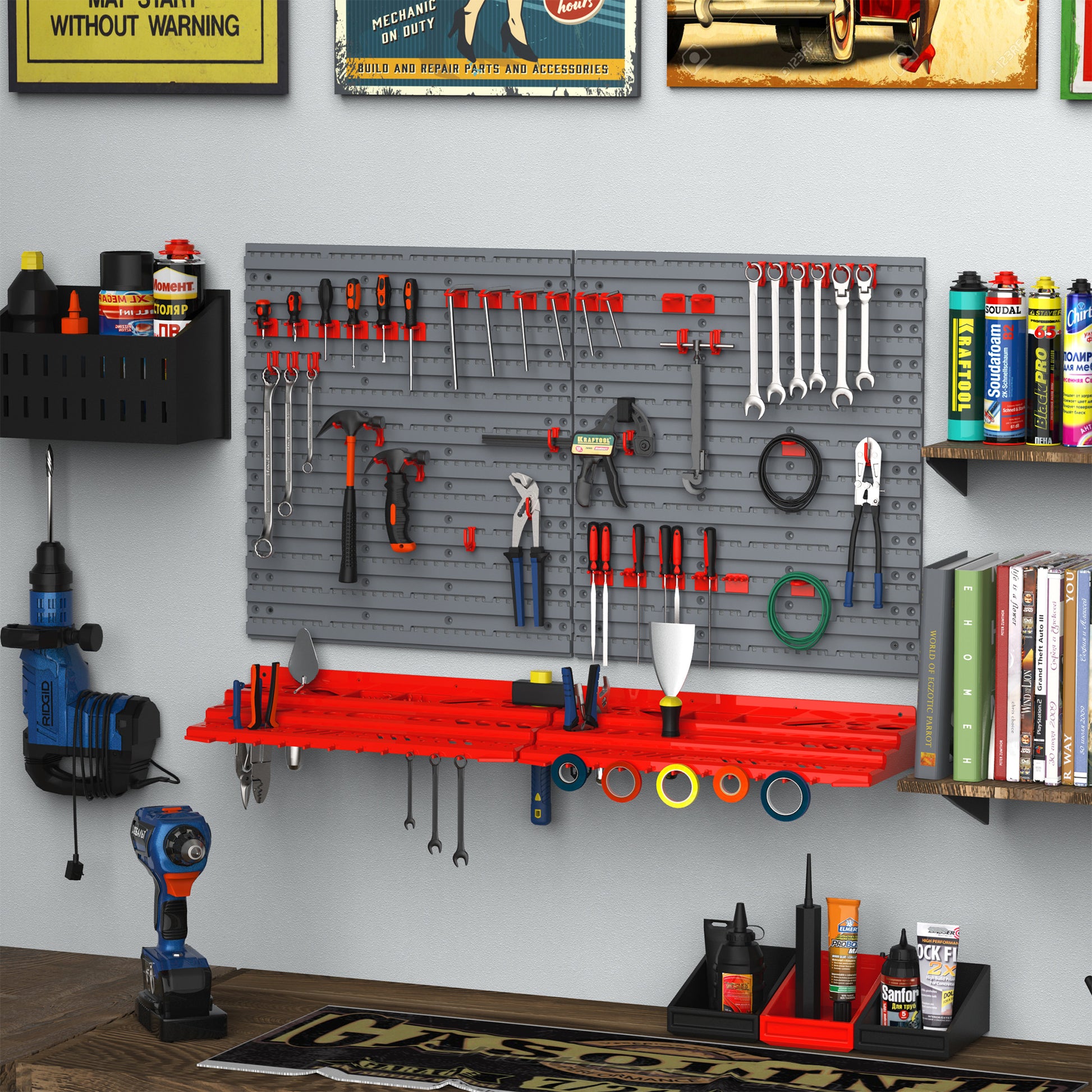 Durhand 54 Piece Pegboard And Shelf Tool Organizer Wall Mounted Diy Garage Storage With 50 Hooks Grey Plastic