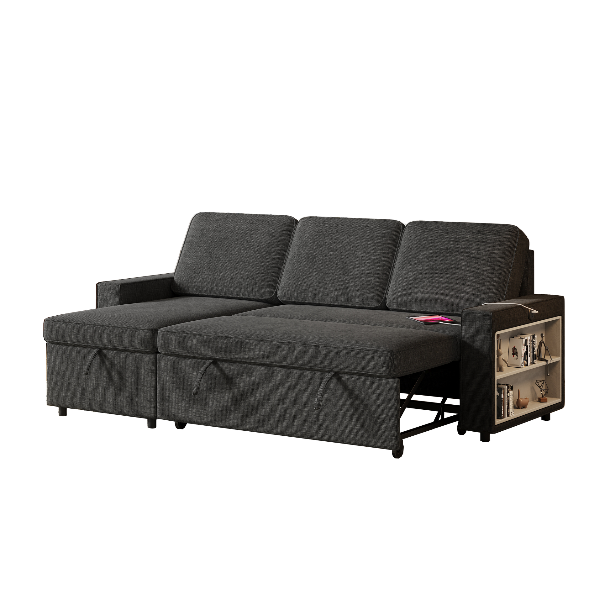 85.8" Pull Out Sleeper Sofa L Shaped Couch Convertible Sofa Bed With Storage Chaise And Storage Racks,With Usb Port And T Pyce Port Black Fabric 3 Seat