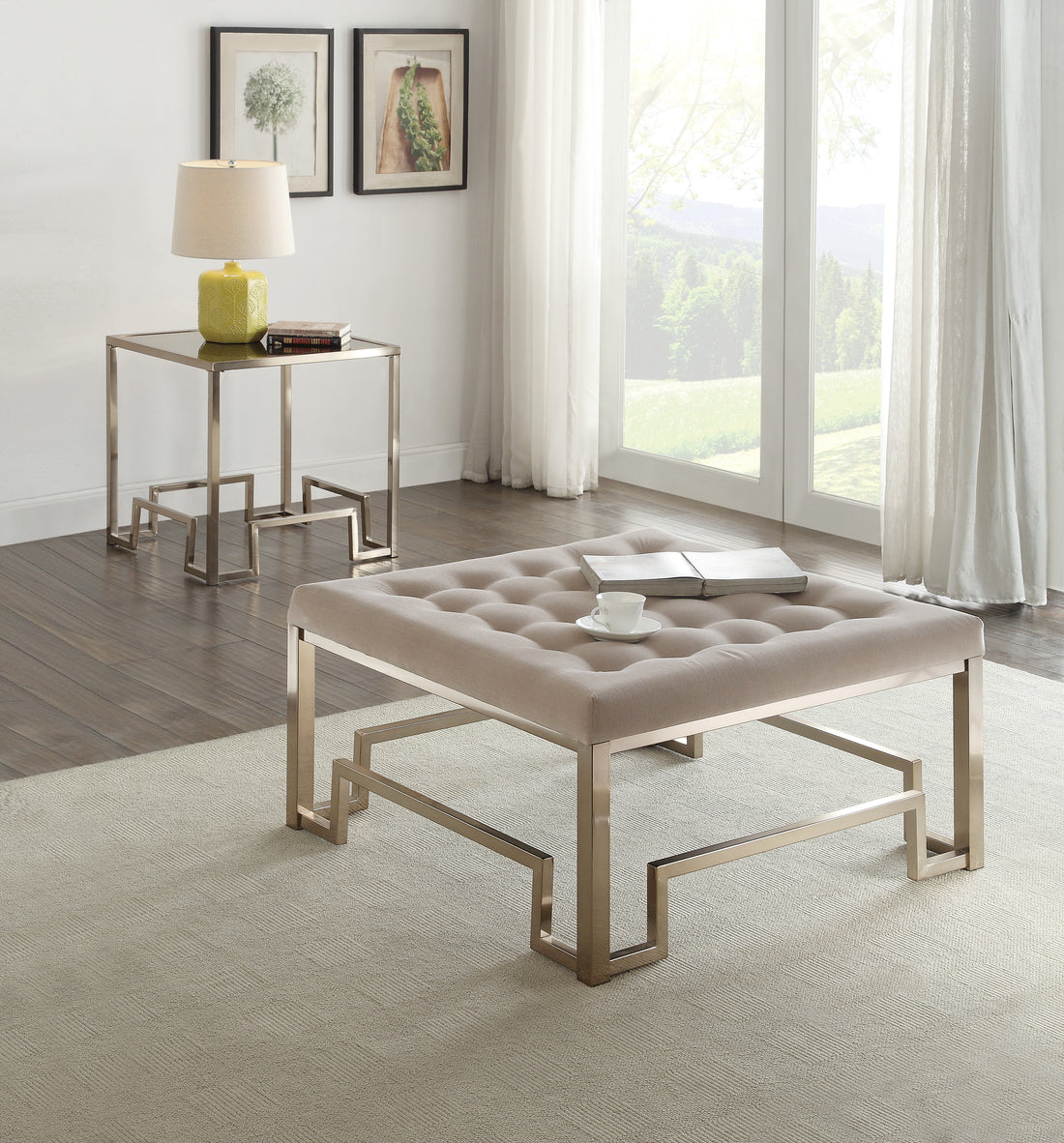 Beige And Champagne Cocktail Tufted Ottoman Champagne Metal Primary Living Space Backless Solid Brown Contemporary Square Armless Tufted Fabric Metal