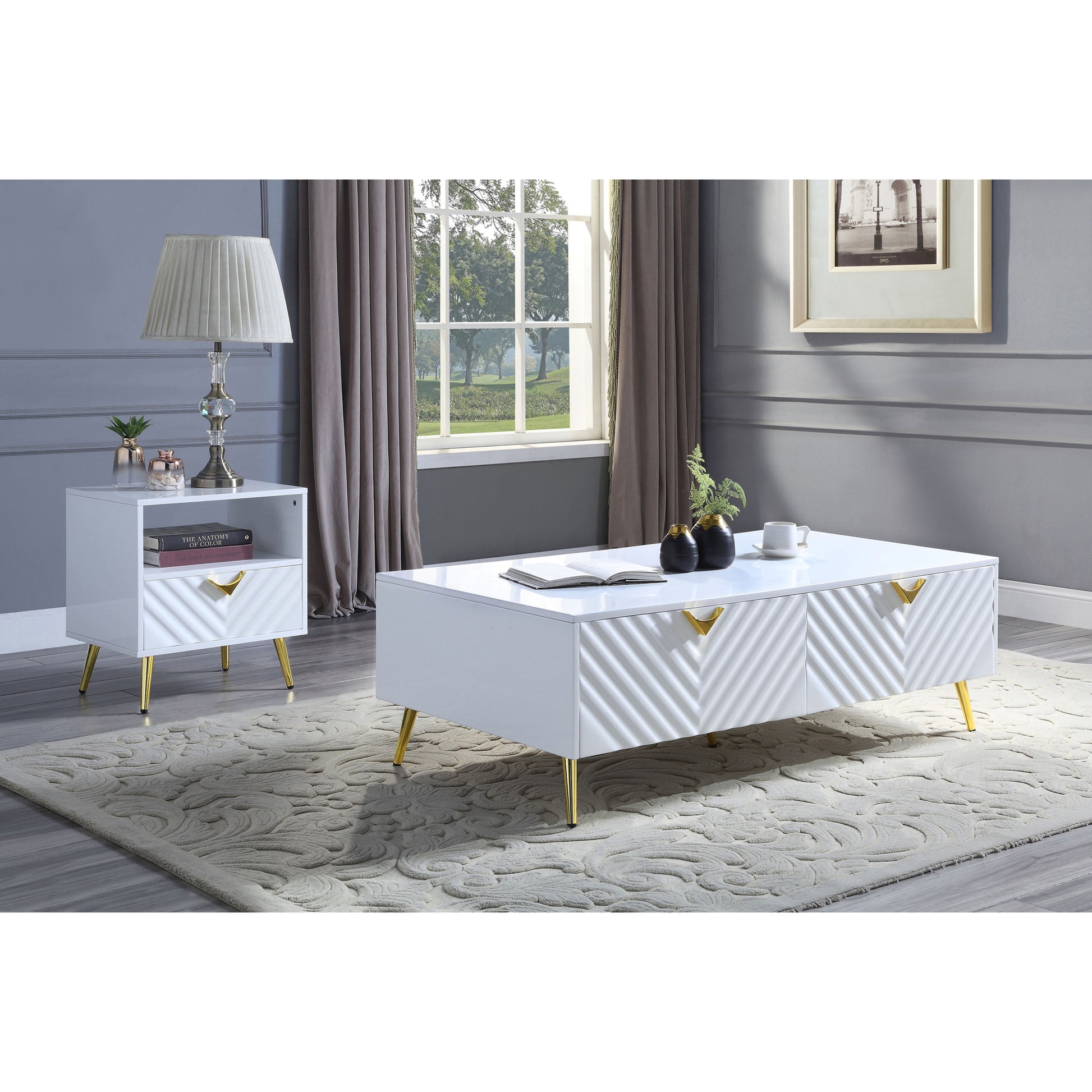 White High Gloss End Table With Shelf White Primary Living Space Mid Century Modern Drawers Rectangular Wood Metal