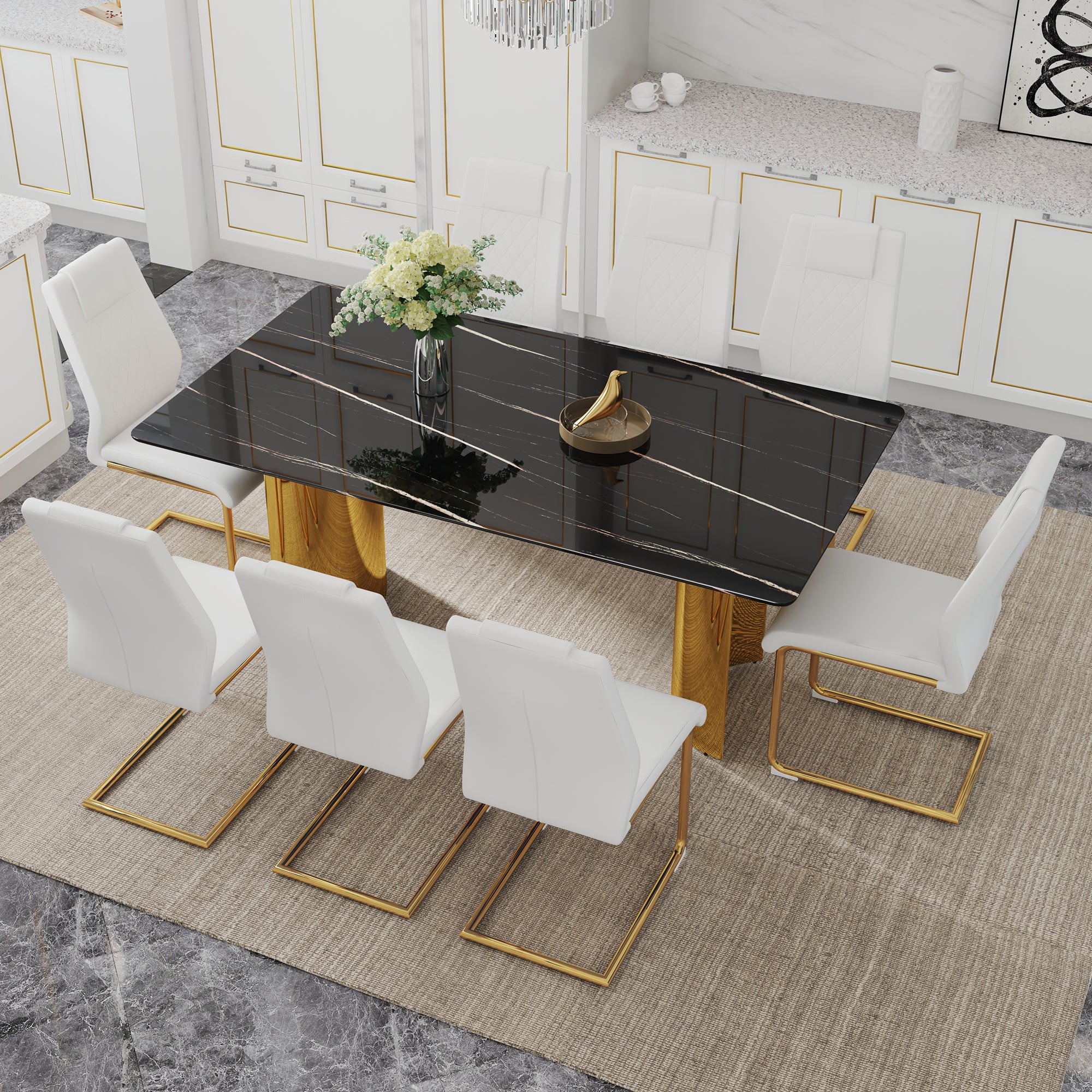 Table And Chair Set.The Table Has A Glass Tabletop With Imitation Marble Pattern Stickers And Stainless Steel Golden Table Legs. Paried With Comfortable Chairs With Pu Seats And Metal Legs. Gold Black Seats 8 Glass Metal