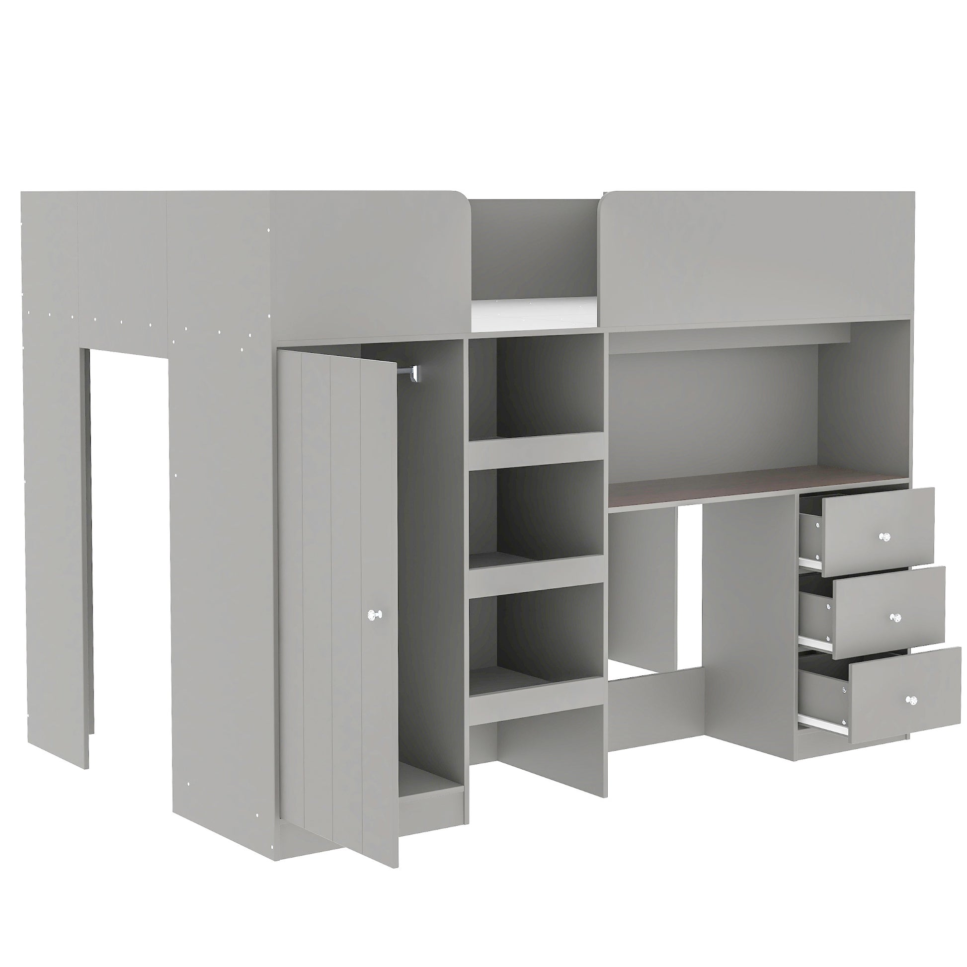 Wood Full Size Loft Bed With Built In Wardrobe, Desk, Storage Shelves And Drawers, Grey Expected Arrival Time: 9.8 Box Spring Not Required Full Grey Wood Bedroom Bed Frame Solid Wood Mdf