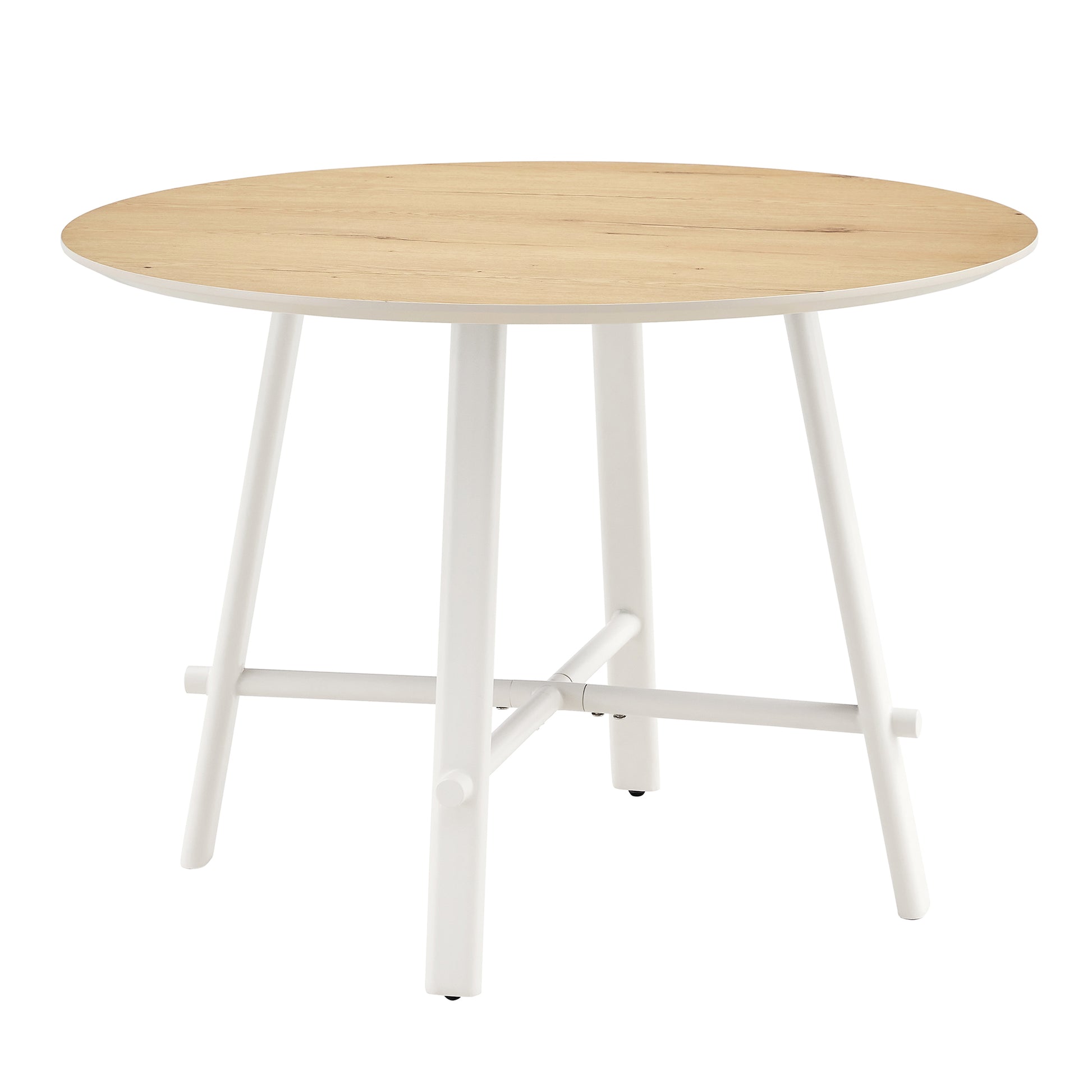 A Modern And Minimalist Circular Dining Table With A 42 Inch Diameter Wood Colorer Patterned Tabletop And White Metal Legs. Suitable For Restaurants, Living Rooms, And Conference Rooms. Brown White Mdf Metal
