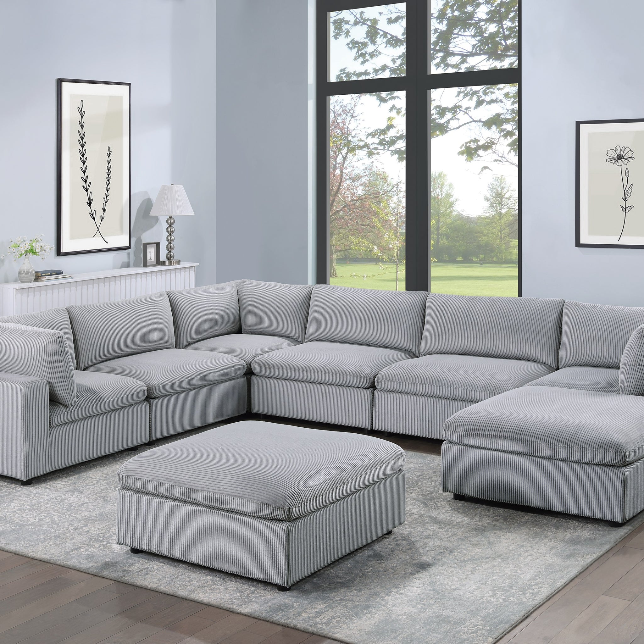 Dark Gray Color 8Pc Modular Sectional Set Corduroy Upholstery Couch 3X Corner Wedge 3X Armless Chairs 2X Ottomans Living Room Furniture Dark Gray Primary Living Space Cushion Back