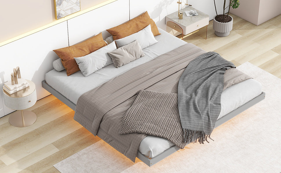 King Size Floating Bed With Led Lights Underneath,Modern King Size Low Profile Platform Bed With Led Lights,Grey King Grey Wood Bedroom American Design Pine Bed Frame Pine