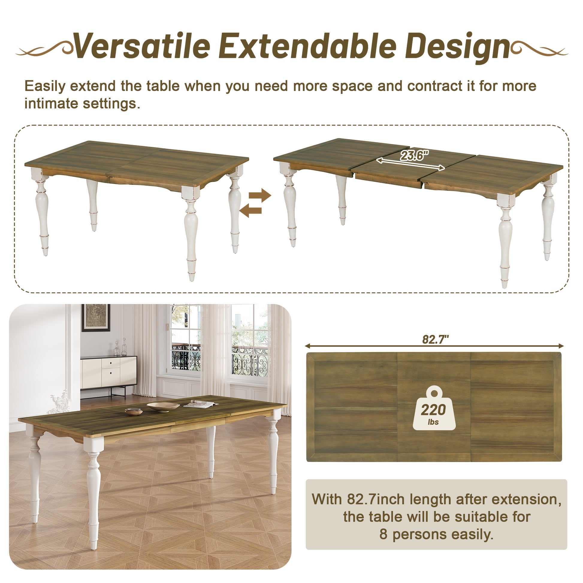 Vintage Traditional 9 Piece 82.7Inch Extendable Dining Table Set With 23.6Inch Removable Leaf And 8 Upholstered Dining Chairs For 8, Brown Cream Wood Dining Room Distressed Finish Rubberwood Rectangular Dining Table With Bench Wood Wood Cream Brown Seats