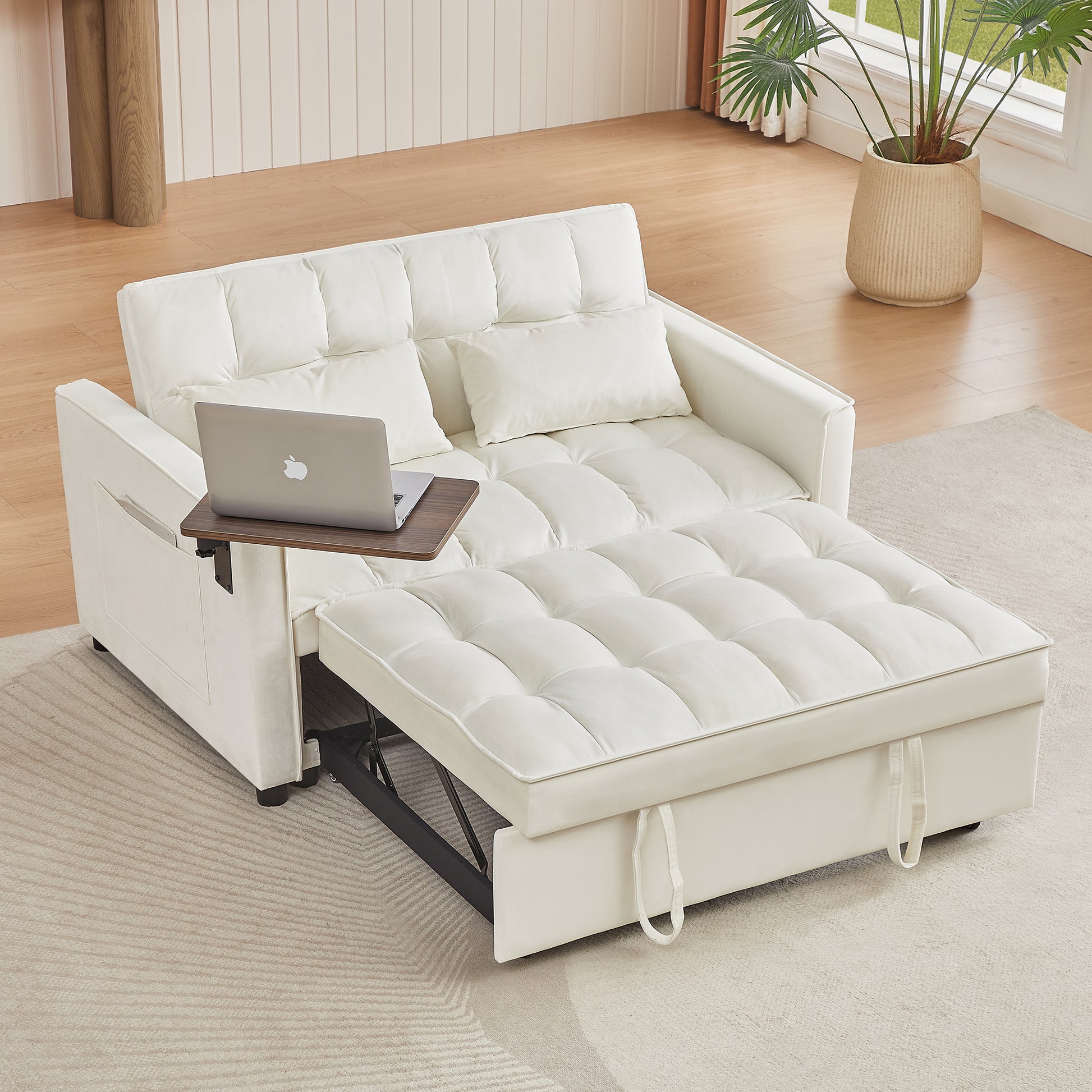 Cream White Velvet Loveseat Sofa Bed Cream White Wood Tufted Back Square Arms Foam Velvet 2 Seat