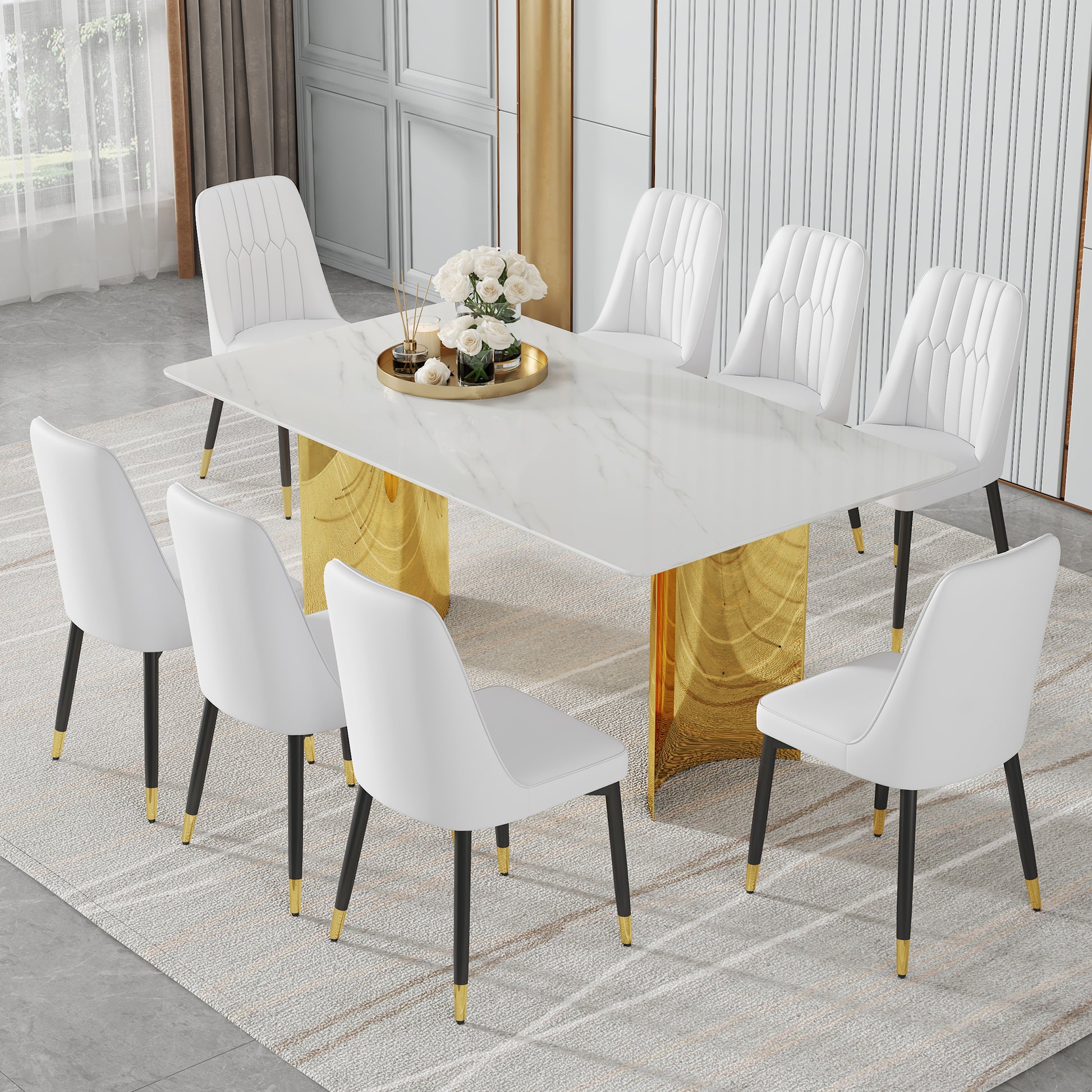 Table And Chair Set.The Table Has A Glass Top With Imitation Marble Pattern Stickers And Stainless Steel Golden Legs. Paried With Chairs With Pu Artificial Leather Backrest Cushions And Black Legs. White Gold Seats 8 Glass Metal
