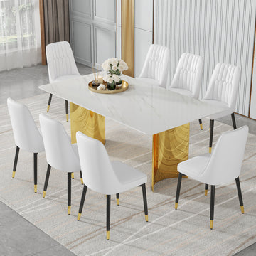 Table And Chair Set.The Table Has A Glass Top With Imitation Marble Pattern Stickers And Stainless Steel Golden Legs. Paried With Chairs With Pu Artificial Leather Backrest Cushions And Black Legs. White Gold Seats 8 Glass Metal