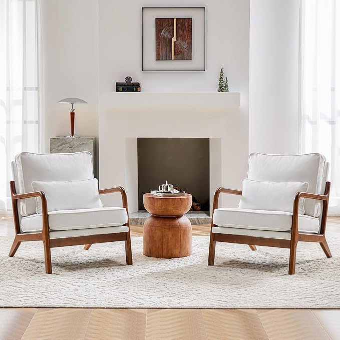 Accent Chair Mid Century Modern Chair With Pillow, Upholstered Lounge Arm Chairs, Linen Fabric Comfy Reading Chair With Wood Frame, Side Chair For Living Room, Beige Beige Linen