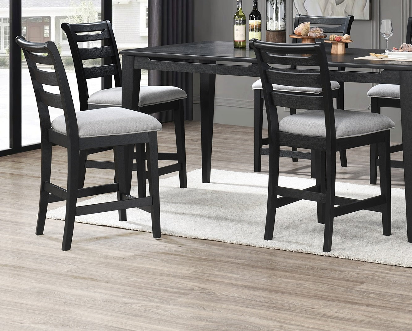 Black Color 7Pc Dining Set Counter Height Table And 6X High Chairs Upholstered Fabric Cushion Seats Solid Wood Dining Room Furniture Wood Dining Room Solid Wood Rubberwood Rectangular Dining Table With Chair Upholstered Chair Wood Black Ladder Back Seats