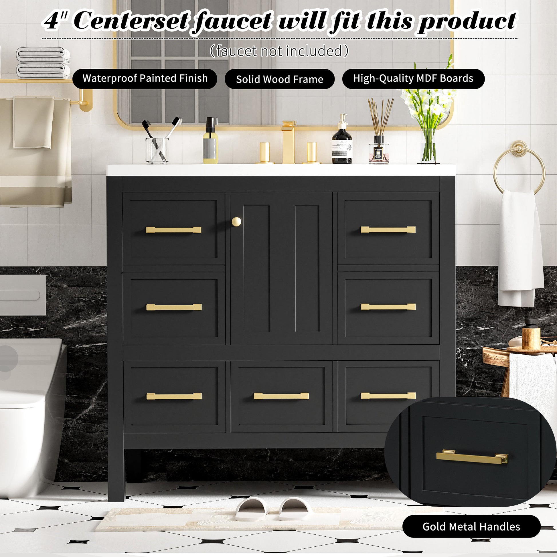 36'' Bathroom Vanity With Resin Sink Combo, Solid Wood Frame Bathroom Storage Cabinet, Freestanding Vanity Set With 5 Drawers& Soft Closing Doors Same As N710S136002B Black Bathroom Solid Wood Mdf Resin