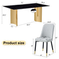 Table And Chair Set.The Table Has A Glass Top With Imitation Marble Pattern Stickers And Stainless Steel Golden Legs. Paried With Chairs With Pu Artificial Leather Backrest Cushions And Black Legs. Black Gold Seats 8 Glass Metal