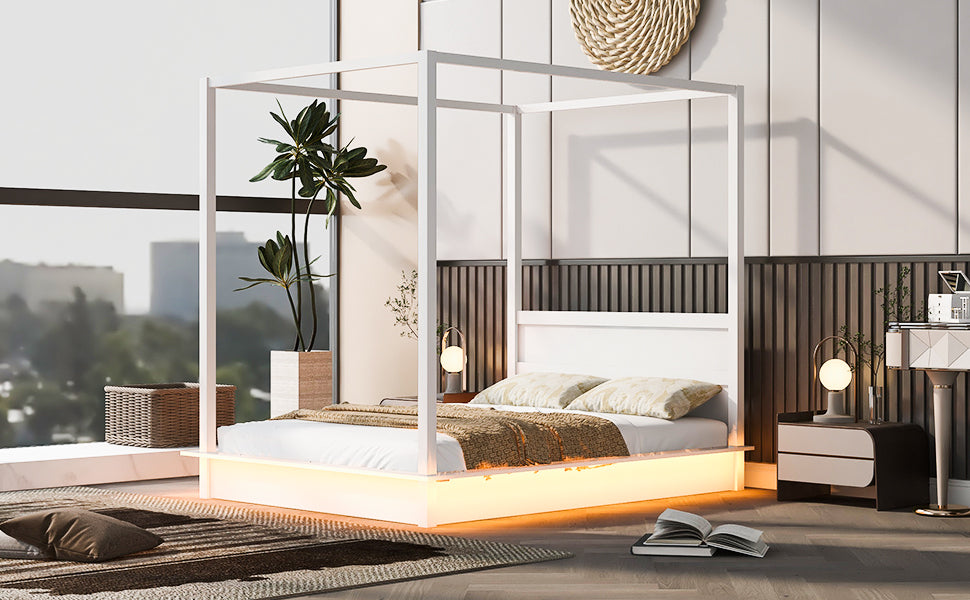 Queen Size Wood Led Canopy Bed ,Canopy Platform Bed With Support Slats, No Box Spring Needed, White Queen White Plywood