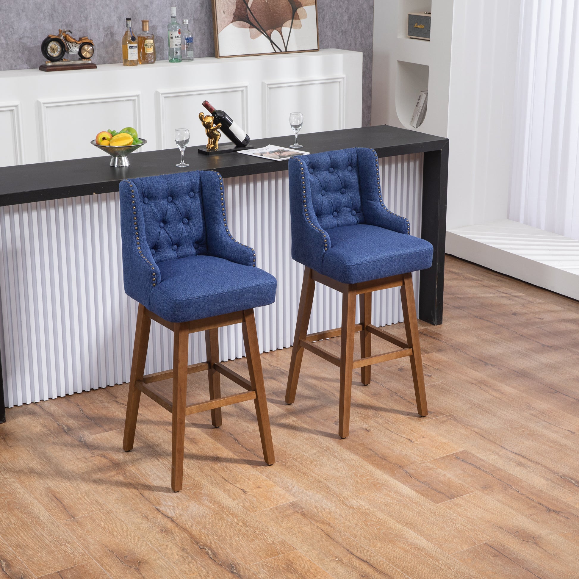 Coolmore Bar Stools Set Of 2 Counter Height Chairs With Footrest For Kitchen, Dining Room And 360 Degree Solid Wood Legs Swivel Bar Stools Set Of 2 Navy Linen Navy Foam Linen