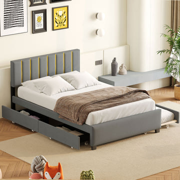 Queen Size Upholstered Platform Bed With 2 Drawers And 1 Trundle, Classic Metal Strip Headboard Design, Grey Queen Gray Mdf Lvl