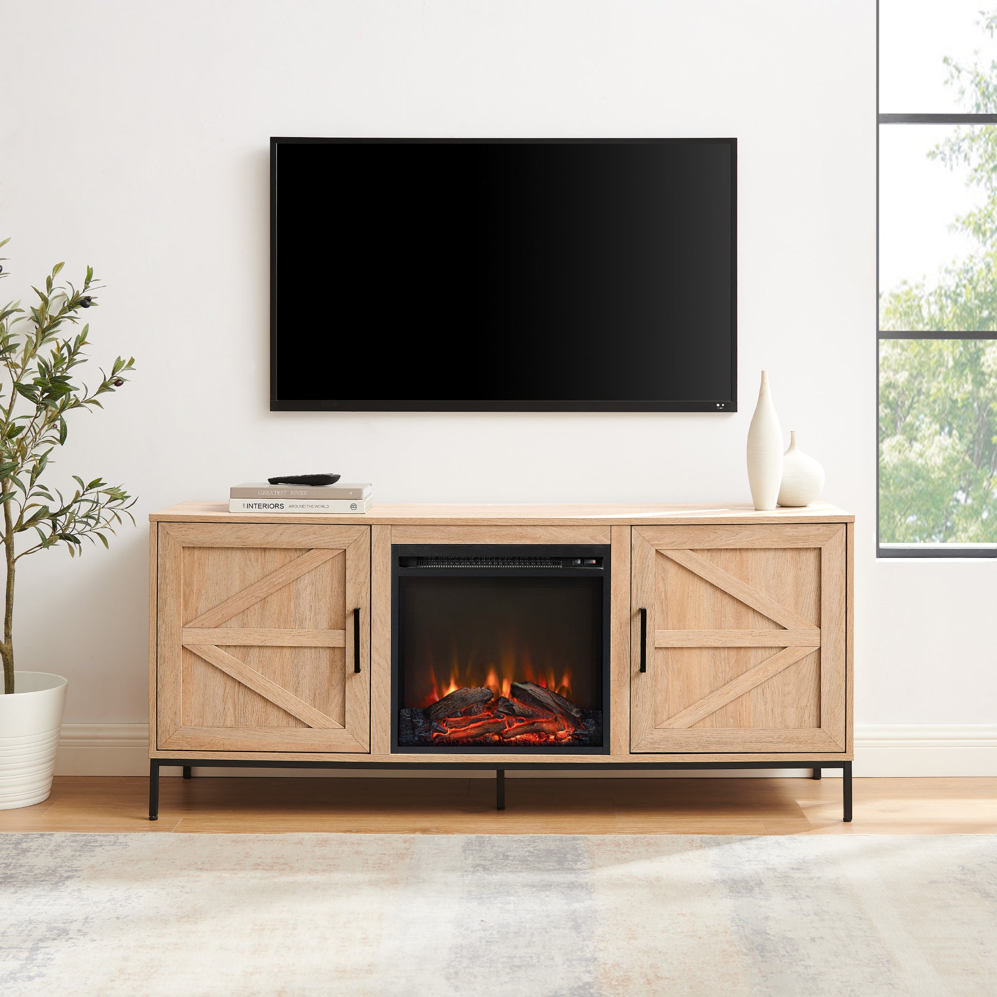 Modern Farmhouse Barn Door Fireplace Tv Stand For Tvs Up To 65 Inches Coastal Oak Light Brown Mdf Mdf