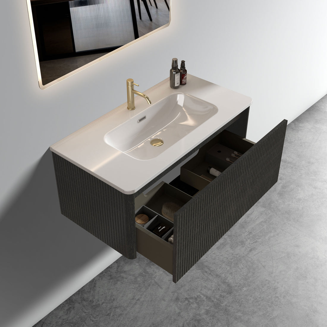 U058 Etna36W 308 Etna 36" Striped Brushed Black Oak Floating Bathroom Vanity With White Ceramic Sink, Bathroom Vanity For Modern Bathroom, Pre Assembled Black Melamine