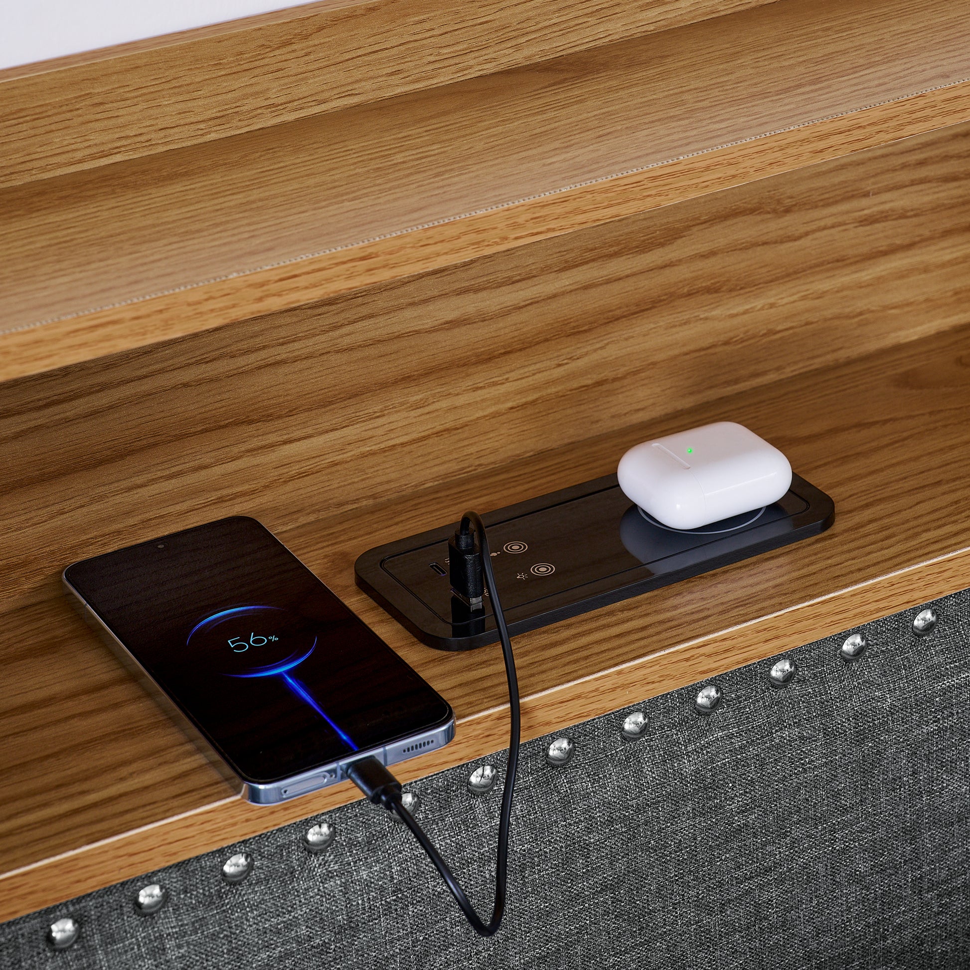 Twin Size Upholstery Sofa Bed With Three Led Lights, With Storage Adjustable Headboard, With Two Storage Pull Up Drawers And Wireless Charging, Linen Padded Sofa Bed Frame, Grey Box Spring Not Required Twin Grey Composite Bedroom Classic Eucalyptus Foam