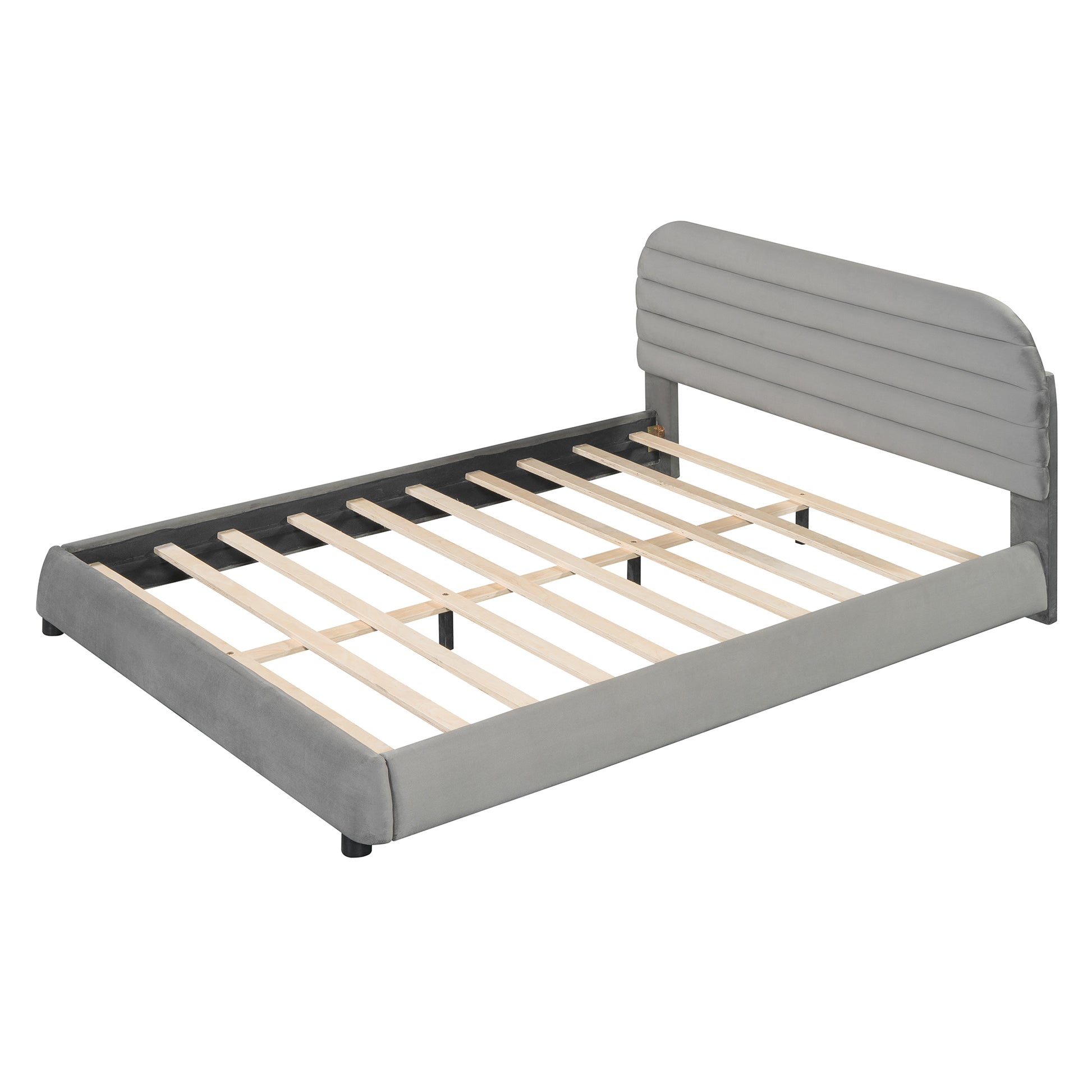 Queen Size Velvet Upholstered Platform Bed,Solid Frame And Stylish Curve Shaped Design, Gray Queen Gray Velvet