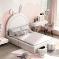 Full Size Upholstered Rabbit Shape Bed With 2 Storage Stools, Velvet Platform Bed With Cartoon Ears Shaped Headboard, White Full White Wood