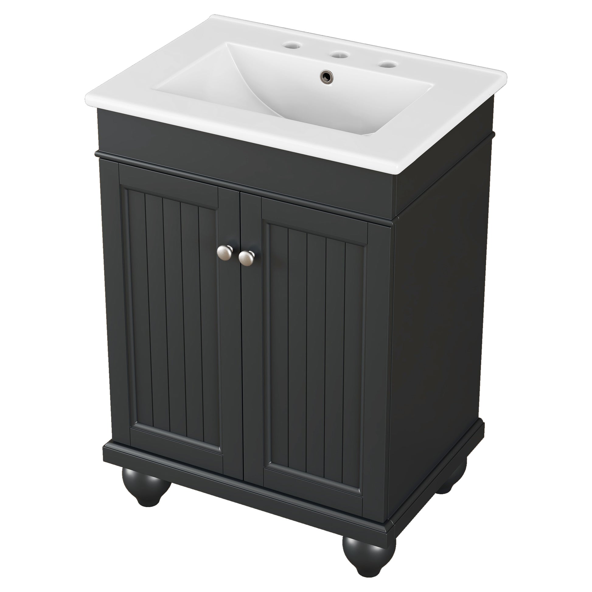 24" Black Modern Sleek Bathroom Vanity Elegant Ceramic Sink With Solid Wood Frame, Adjustable Shelf Black Solid Wood Mdf