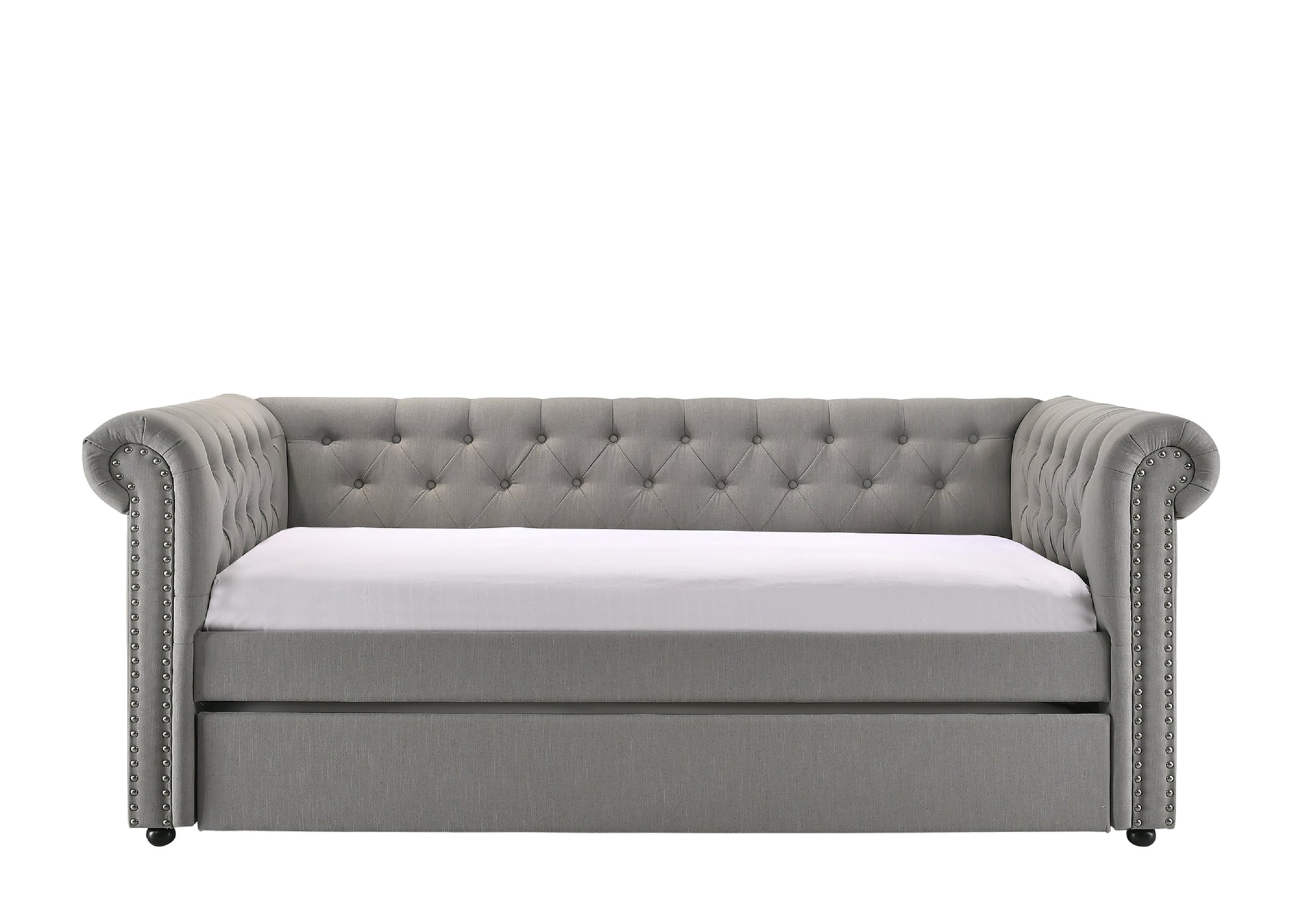 Luxurious 1Pc Modern Aesthetic Beautifully Button Tufted Trim Design Daybed Built In Pull Out Trundle Bed Living Space Guest Room Bedroom Dove Gray Twin Gray Wood Modern Solid Wood